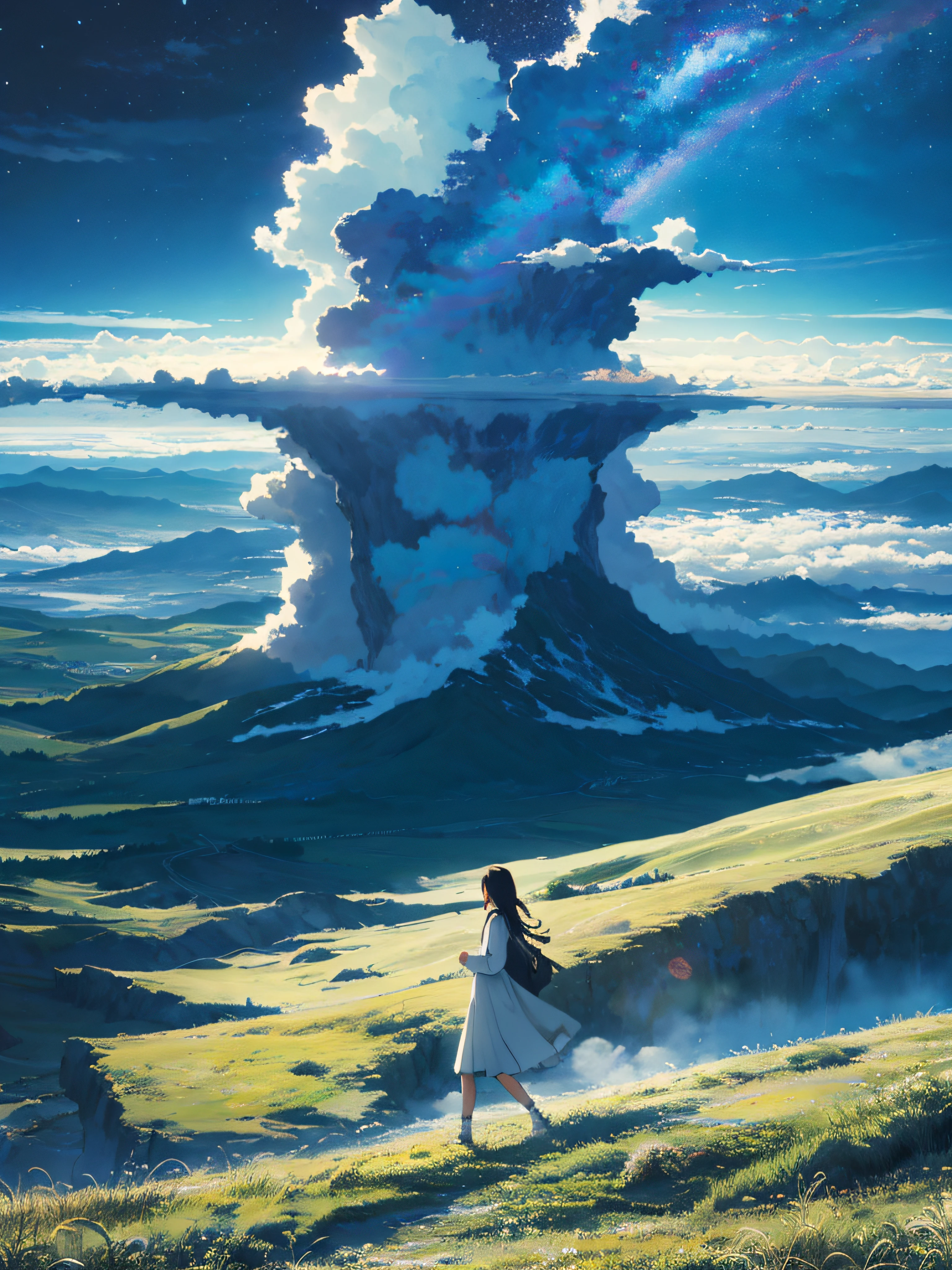 Vast sky, beautiful skyline, large grasslands, intense and dramatic pictures, moving visuals, hanging north stars, colorful natural light. Long sleeve white dress girl