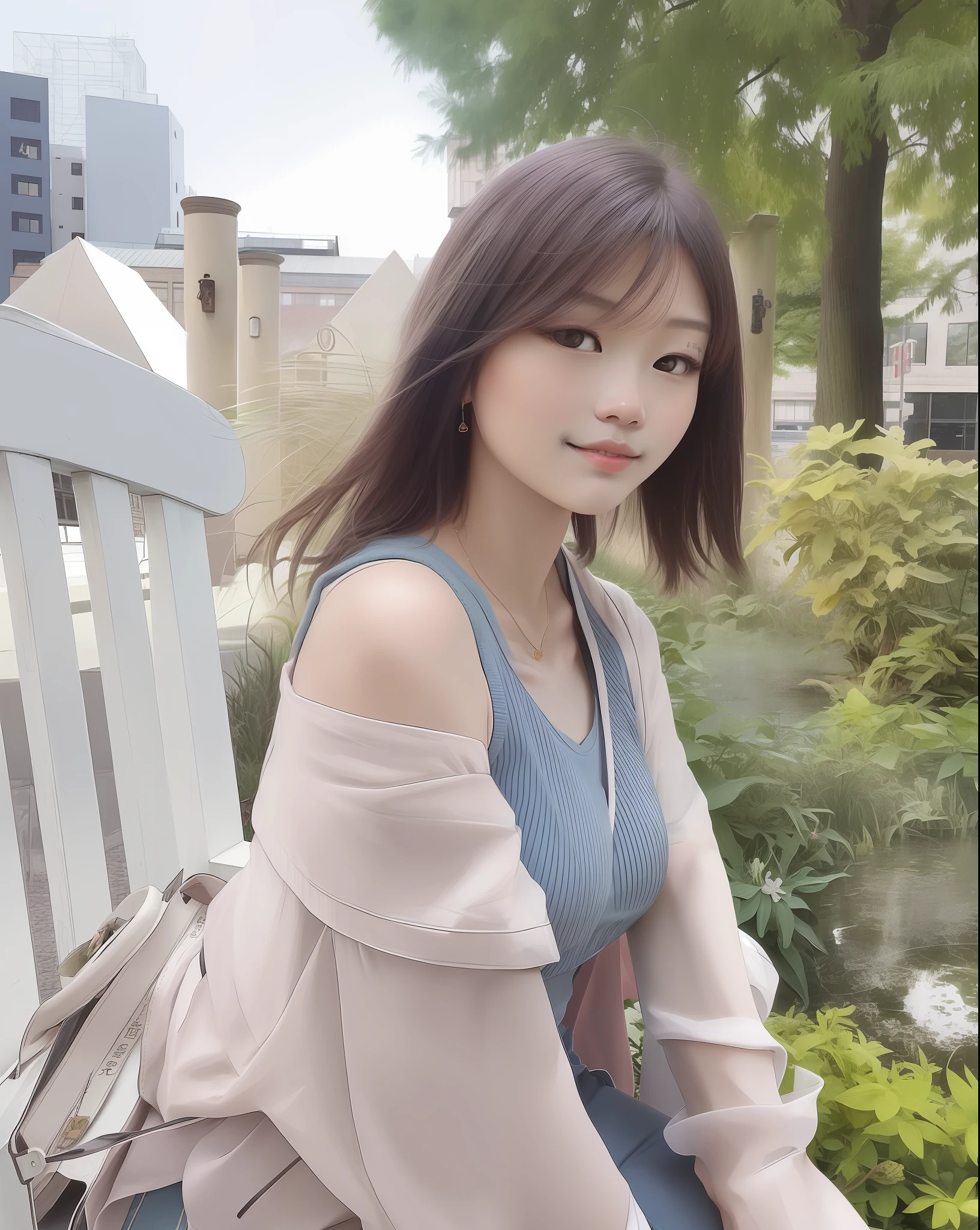 there is a woman sitting on a bench in a park, a picture inspired by Ma Yuanyu, instagram, shin hanga, sakimichan, sakimi chan, f / 1. 9 6. 8 1 mm iso 4 0, ulzzang, chiho, with short hair, 19-year-old girl, korean girl, 8k))