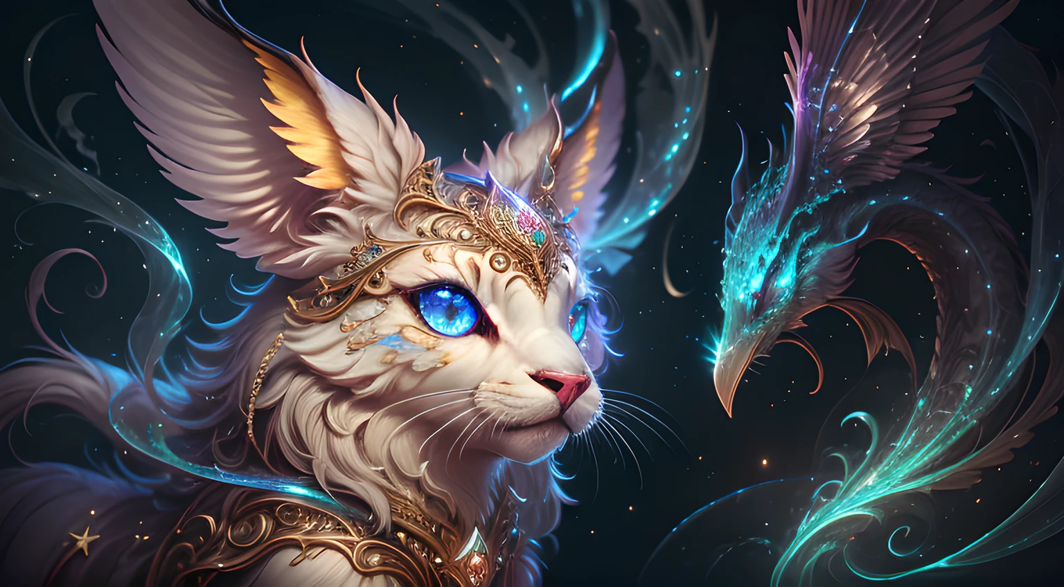 generate a celestial non-human animal in the style of celestial and fantasy. the animal should be the most beautiful animal ever created. Consider details like fluffy and feathers and silk and satin and shimmer and glimmer. Include subtle details of phantasmal iridescence. emphasize small details of fantasy and ornate jewels. camera: utilize interesting and dynamic composition. enhance visual interest. lighting: use ambient lighting that enhances the ambiance of fantasy. include bold colors and deep shadows. hires, detailed eyes, hires detailed eyes, hires small details, ornate, intricate details, 8k, shimmer, unity, official cgi unreal engine, high resolution, (((masterpiece))), high quality, highres, detail enhancement