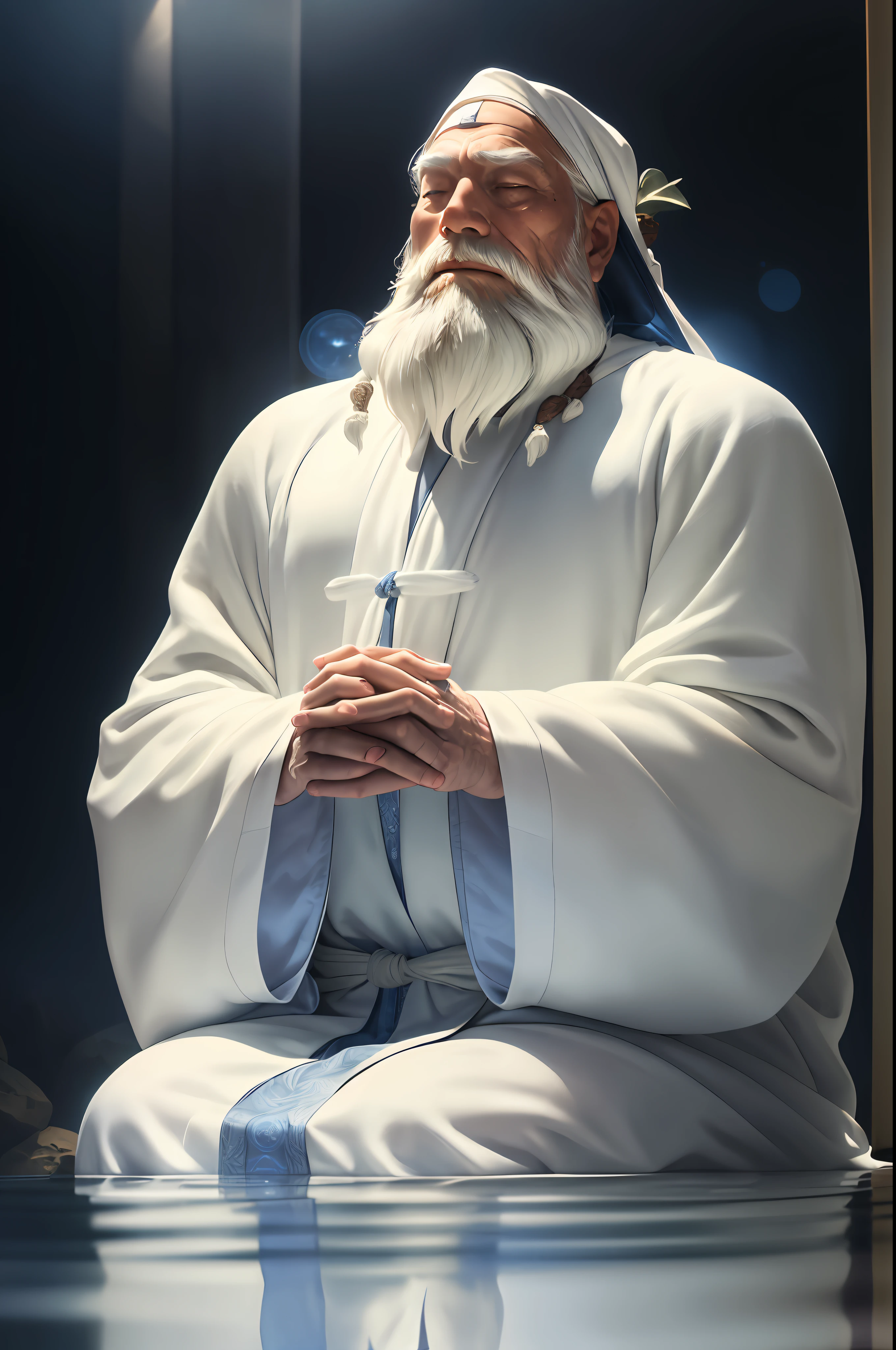 a meditating sage, with a white robe, with blue details, white beard, calm countenance, realistic image, Expressionism, relationship graph, reflection light, backlighting, UHD