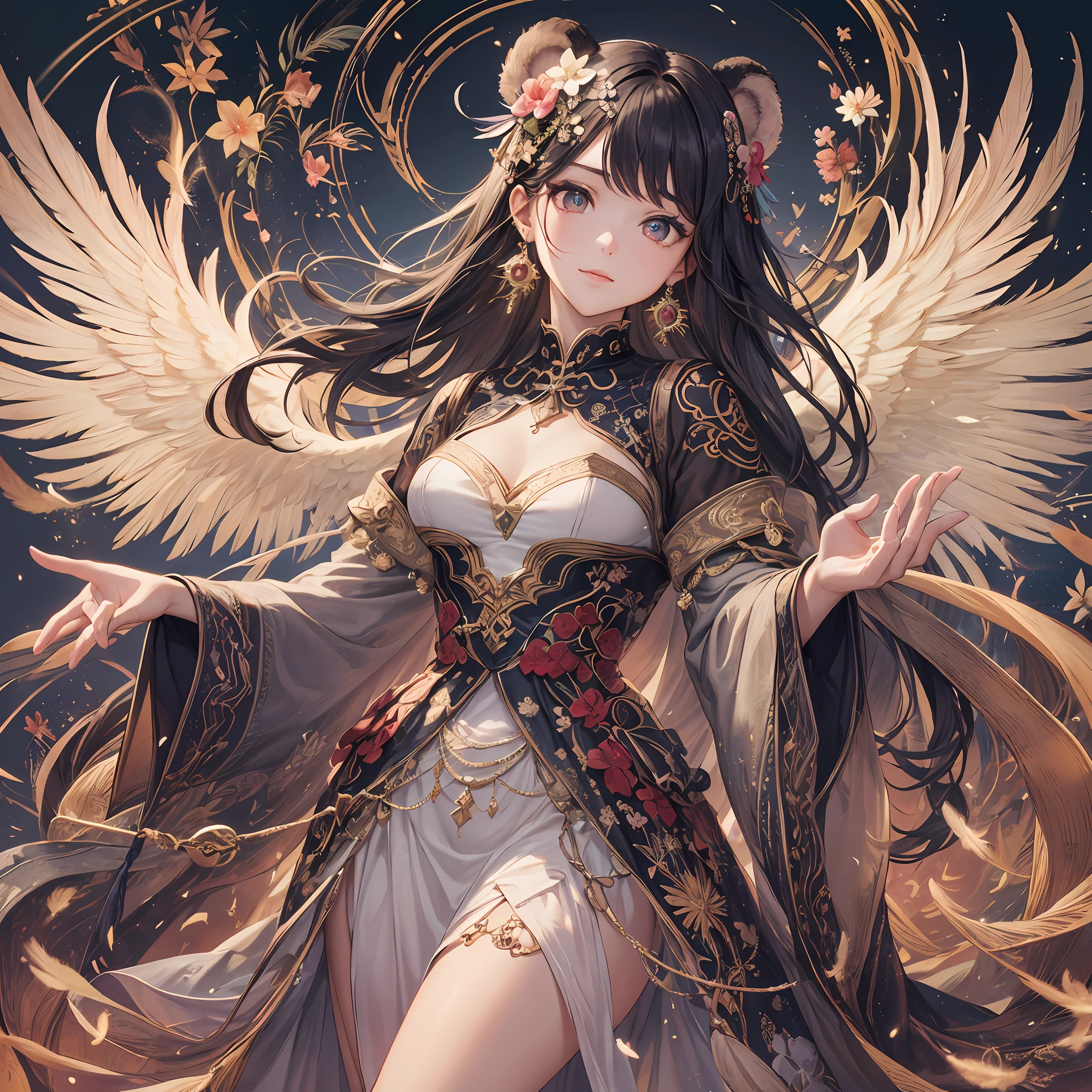 (Masterpiece, Top Quality, Best Quality, Official Art, Beautiful and Aesthetic: 1.2), (1 Girl: 1.3), Very Detailed, White (Fractal Art: 1.1), (Flower: 1.3), Supreme Detail, (Zentangle: 1.2), (Dynamic Pose), (Abstract Background: 1.3), (Glossy Skin), (Many Colors: 1.4), (Earrings), (Feathers: 1.5), (Magic Effects: 1.3) , jewels, long dress sleeves, long hair, wrapped in light, vivid background, phoenix dress, vivid eyes, panda ears, morning light