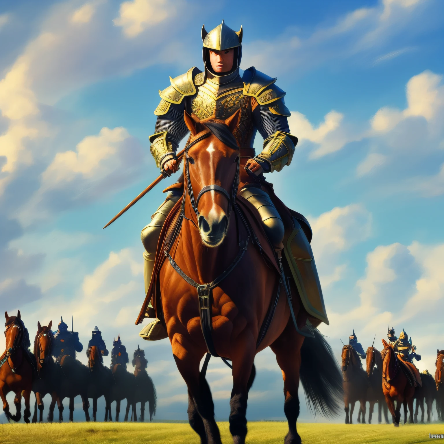 Knights on horseback in heavy armor.
The horses are also in armor.
They are lined up, lances in their hands, waiting for the moment to charge.
Clouds in the sky.