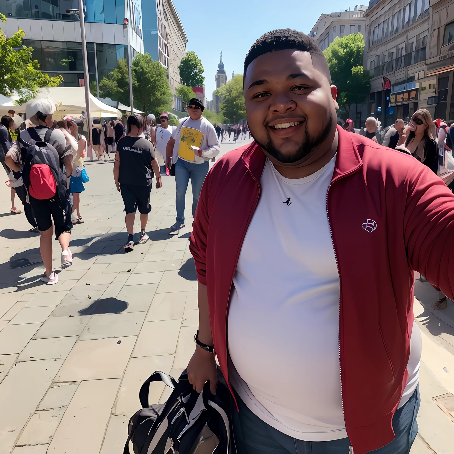 (hyper realistic image) There is a fat young black man, he is smiling, taking selfies with a cell phone, one can see his face clearly, sunny day, bustling square, water fountain in the background, dirty ground, lots of people walking, poorly maintained urban architecture, everyday photography, highly realistic photo, ultra realistic image, beautiful photorealistic images, highly realistic photography --auto