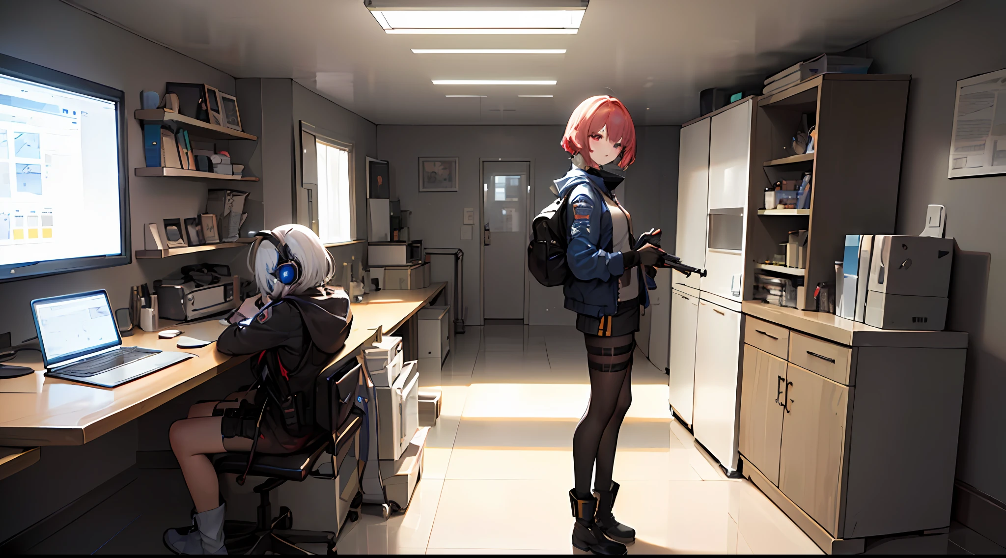 ((high quality)) ((masterpiece) 8K, 2 girls, bulletproof vest, rays, highly detailed CG Unity 8K wallpaper, game CG, looking at viewer, gloves, boots, full body, watch, computer, mask, drone, Portable Weapons, Headphones, Jackets, Bags, Backpacks