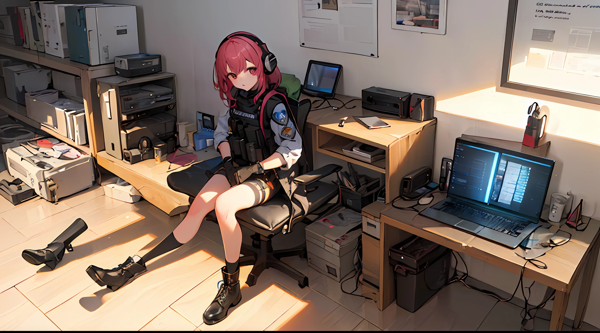 ((high quality)) ((masterpiece) 8K, 2 girls, bulletproof vest, rays, highly detailed CG Unity 8K wallpaper, game CG, looking at viewer, gloves, boots, full body, watch, computer, mask, drone, Portable Weapons, Headphones, Jackets, Bags, Backpacks