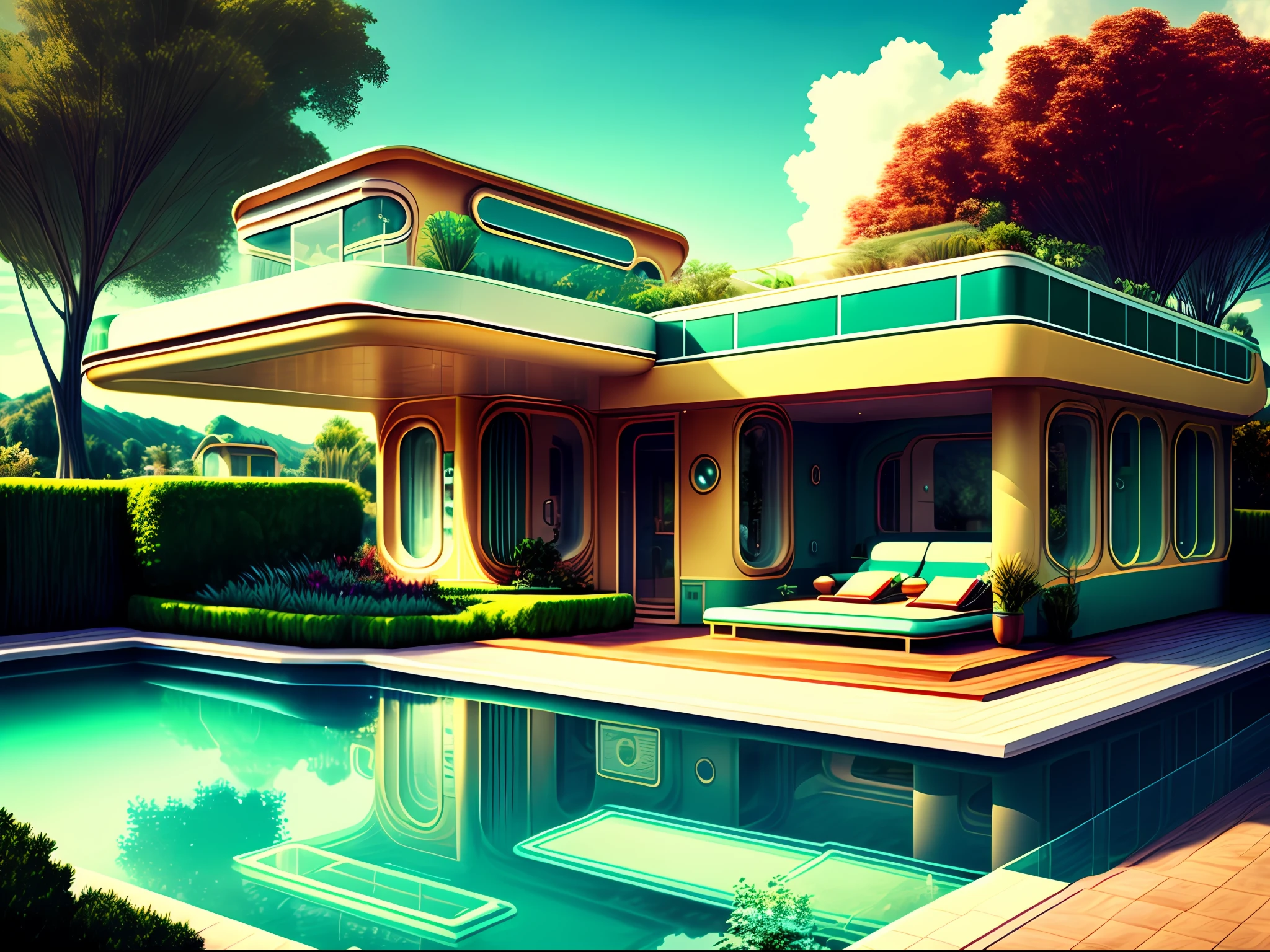 no human, retrofuturism style, house, garden, pool