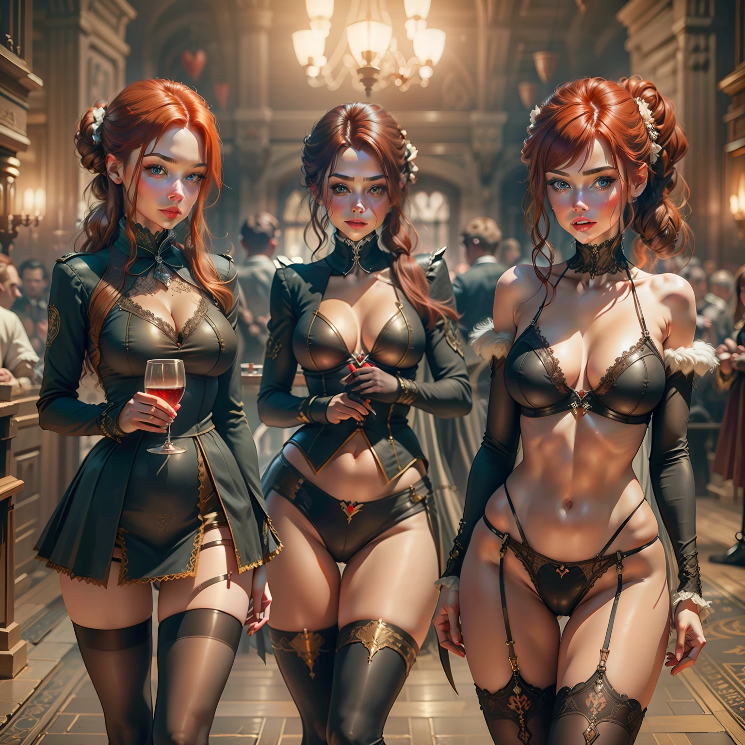 Beautiful red-haired women in tights, masterpiece, mini tailcoat, mesh tights with meshes in the form of tambourines and necklines in the shape of hearts