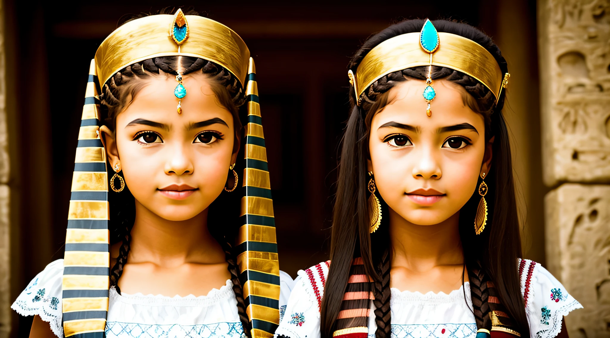 GIRL CHILD BLONDE WITH LONG HAIR, A closeup of a bust of a child mENINA CHILD LONG HAIR AND BRAIDS, wearing a hat, wearing an Egyptian crown, Nefertiti, ancient egyptian, egyptian, egyptian makeup, precise for egyptian tradition, egyptian art, egyptian makeup, beautiful and huge head ornaments, ancient egyptian art, ancient egyptian art, ancient egypt, Beautiful Cleopatra, Egyptian princess, ancient Princess Libu
