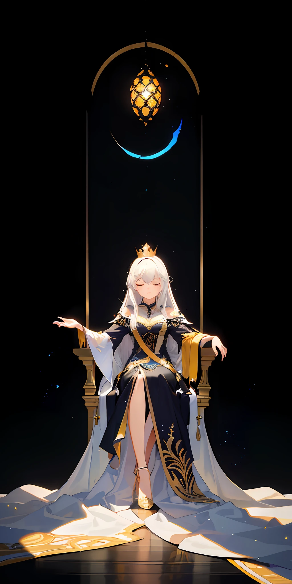 (Masterpiece:1.2), best quality, (illustration:1.2), (ultra-detailed), hyper details, (delicate detailed), (intricate details), (cinematic light, best quality Backlights), clear line, from below, soloist, perfect body, (1girl), white hair and yellow eyes, (emperor, black see-through clothes), (crown: 1.1), sitting on the throne, eyes slightly closed, head down, (shy: 1.2 ), (makeup), high contrast, (best illumination, an extremely create and beautiful), (cinematic light), colorful,