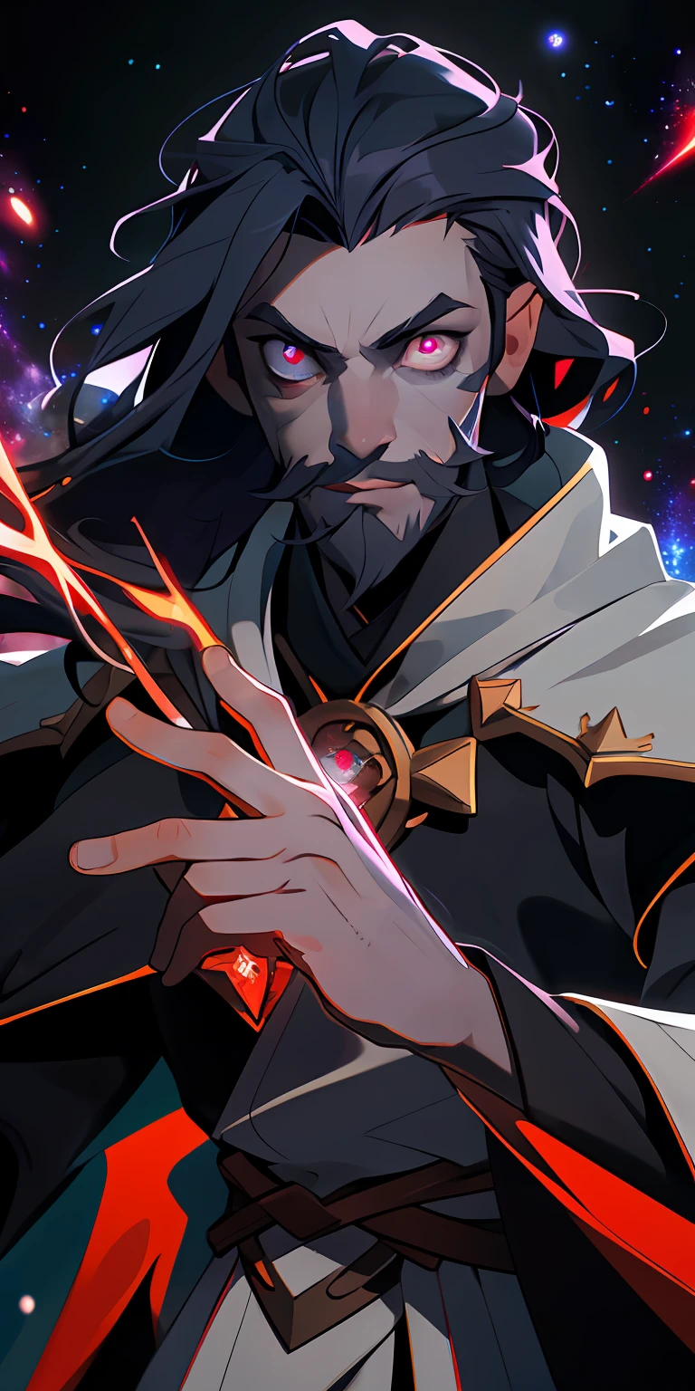 (masterpiece, best quality, ultrares, 8k, hd), 1man, adult, male, long black hair, very long flowing wizard beard, fantasy, glowing red galaxy eyes, gray skin, looking at viewer, dark violet energy, galaxy