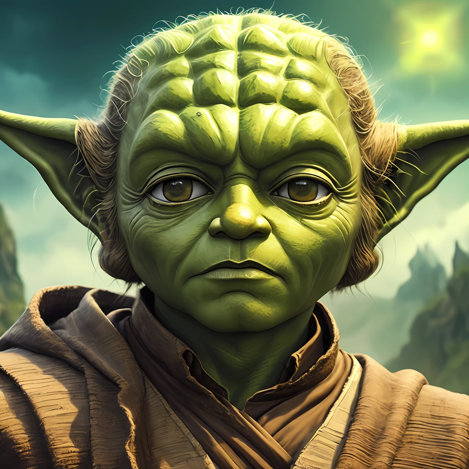 Young Yoda (Realistic: 1.3), Intricate Details, Painting \(artwork\), ((masterpiece, best quality)), ((cinematic light) --auto