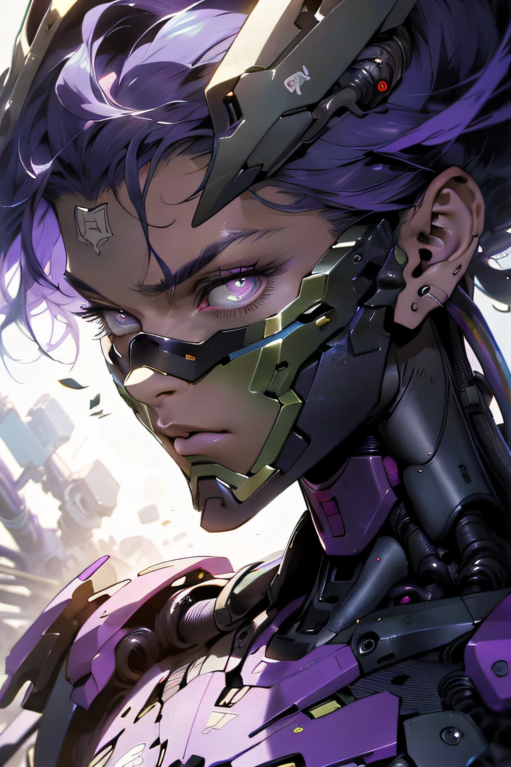 Realistic, (Masterpiece, Superior Quality, Best Quality, Official Art, Beauty and Aesthetics: 1.2), Very Detailed, Brutalism art, Colorful, More Detailed, Zentangle, (Abstract Background: 1.5) (1boy: 1.3), God,(Bright Purple Eyes), Mysterious, (Magic), Color linked to purple, Robot mecha, Manga style