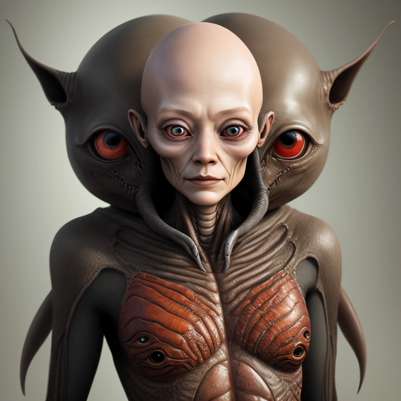 Realistic alien with human skin, with 3 eyes holding a realistic human head between her arms