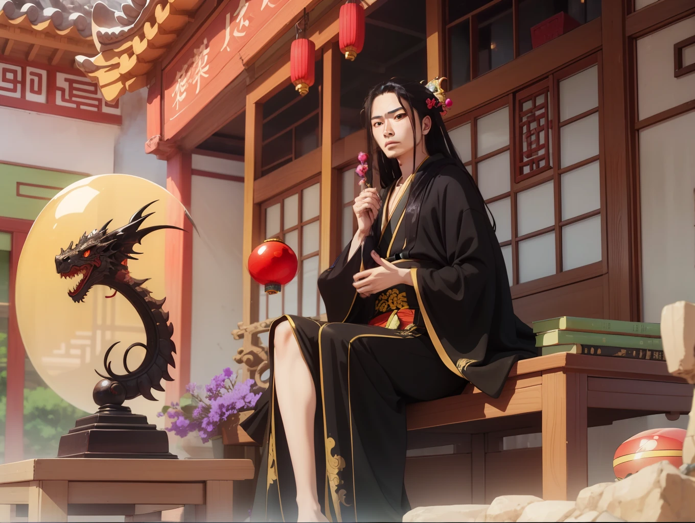 Black Hanfu, black shawl long hair, right hand holding crystal ball, young man sitting on a chair facing the audience, surrounded by Chinese dragons