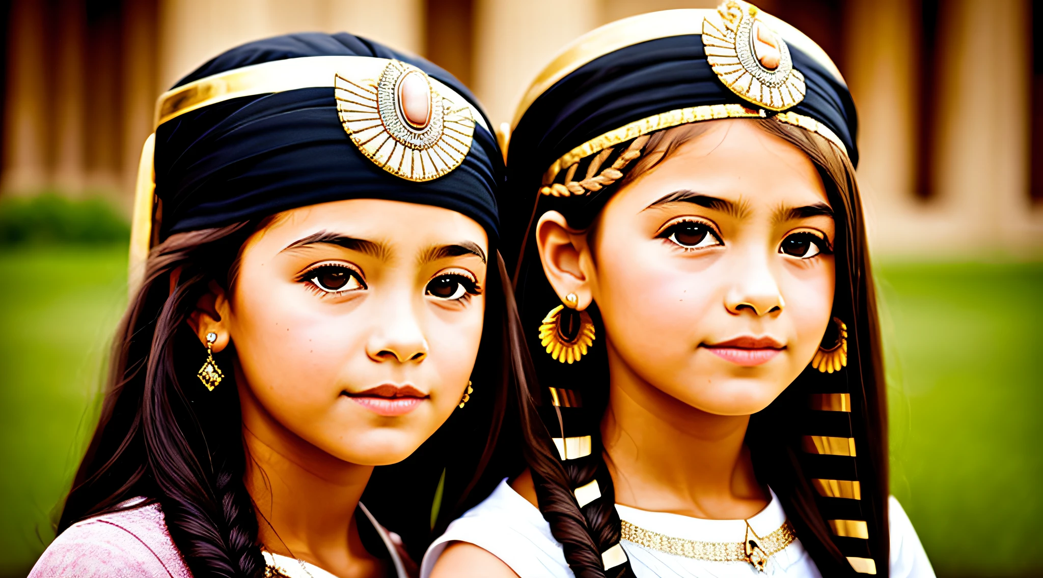 GIRL CHILD BLONDE WITH LONG HAIR, A closeup of a bust of a child mENINA CHILD LONG HAIR AND BRAIDS, wearing a hat, wearing an Egyptian crown, Nefertiti, ancient egyptian, egyptian, egyptian makeup, precise for egyptian tradition, egyptian art, egyptian makeup, beautiful and huge head ornaments, ancient egyptian art, ancient egyptian art, ancient egypt,  Beautiful Cleopatra, Egyptian princess, ancient Princess Libu