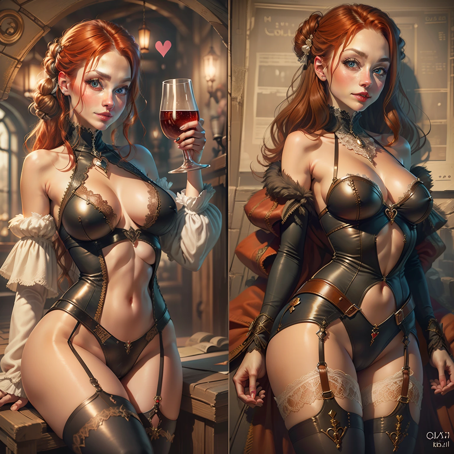 Beautiful red-haired women in tights, masterpiece, mini tailcoat, mesh tights with meshes in the form of tambourines and necklines in the shape of hearts
