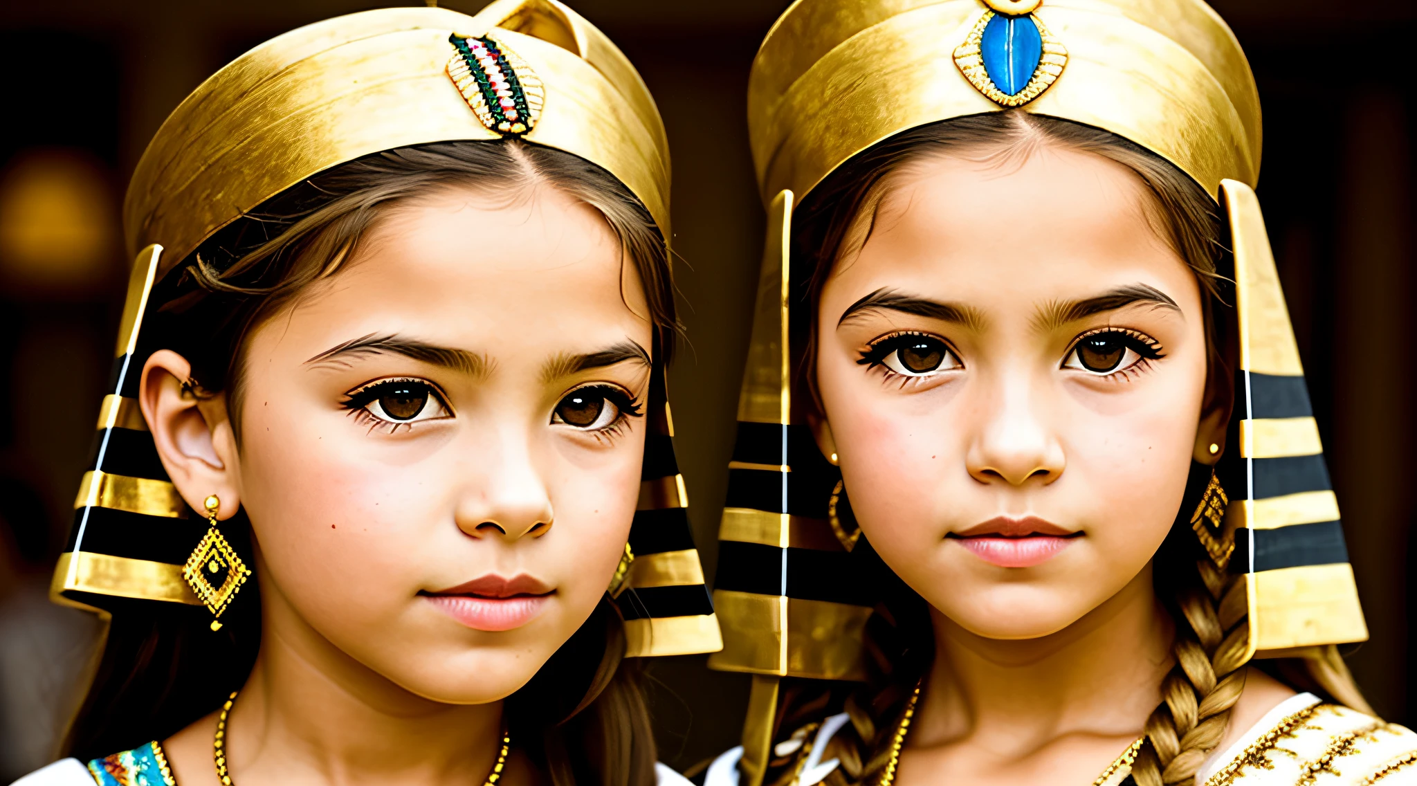GIRL CHILD BLONDE WITH LONG HAIR, A closeup of a bust of a mENINA CHILD LONG HAIR AND BRAIDS, wearing a hat, wearing an Egyptian crown, Nefertiti, ancient egyptian, egyptian, egyptian makeup, precise for egyptian tradition, egyptian art, egyptian makeup, beautiful and huge head ornaments, ancient egyptian art, ancient egyptian art, ancient egypt, Beautiful Cleopatra, Egyptian princess, ancient Princess Libu
