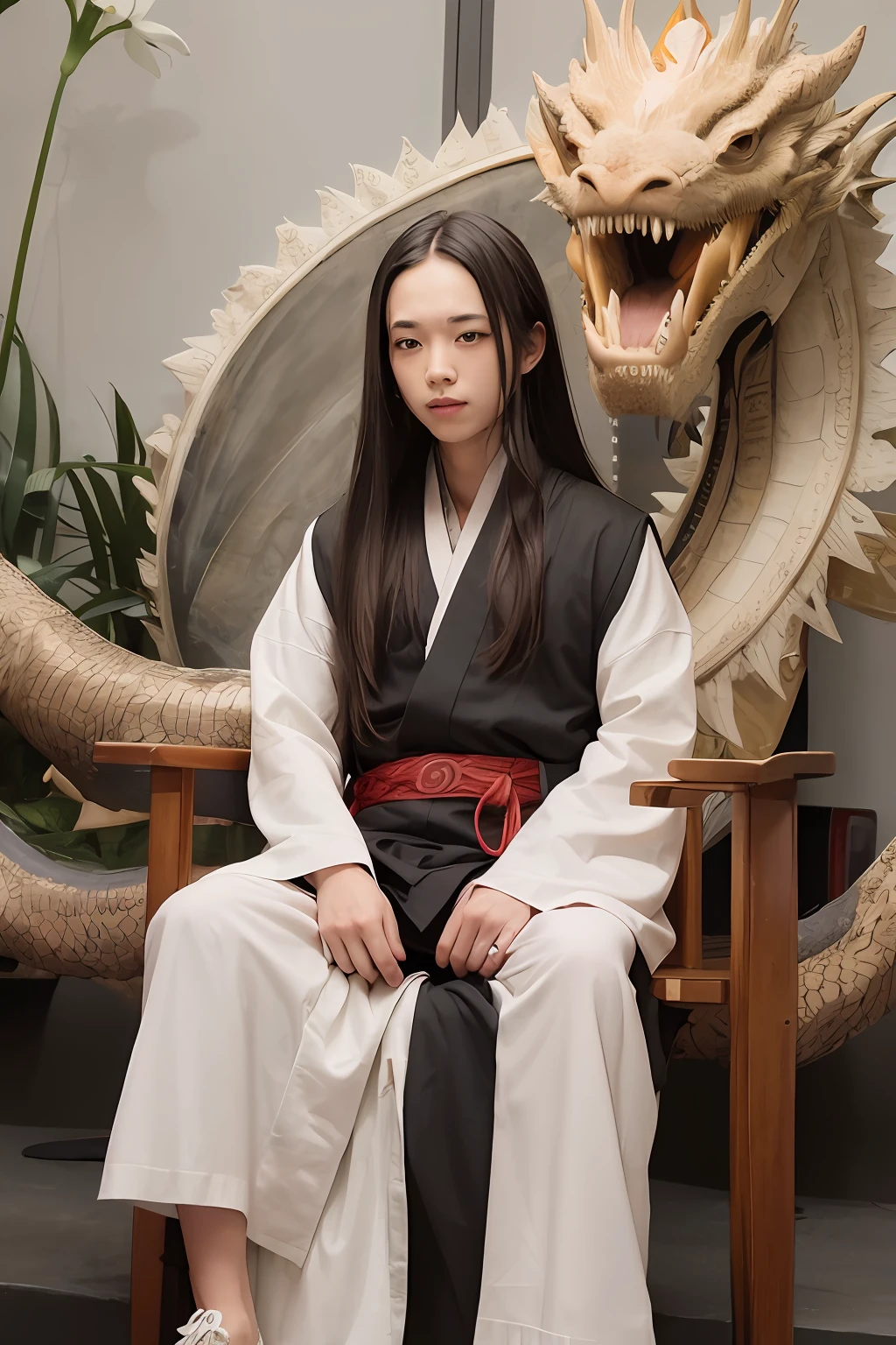 Black Hanfu Black shawl long hair The boy sits in a chair facing the audience Surrounded by Chinese dragons