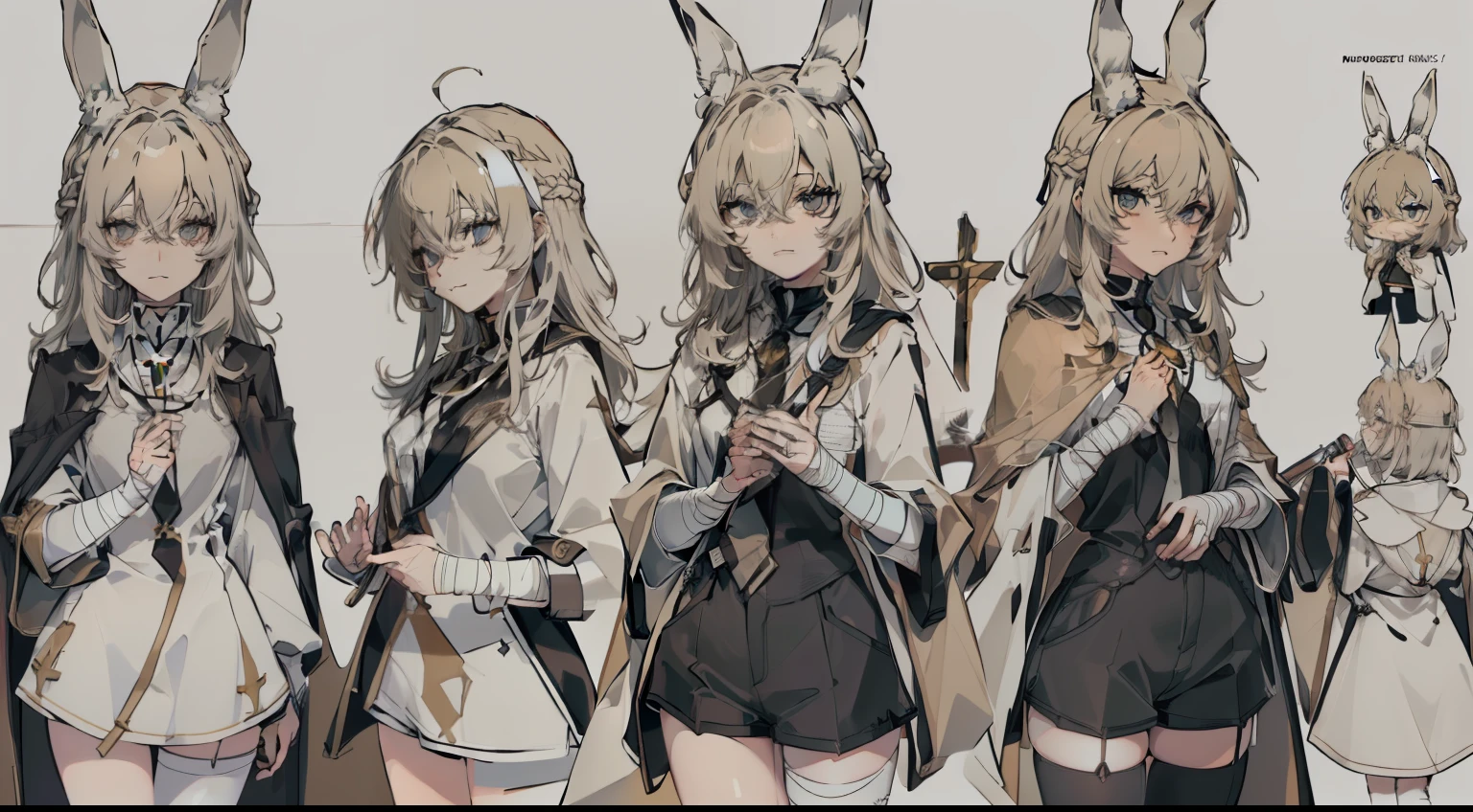 ((((masterpiece)),(((best quality))),(character design sheet, same character, front, side, back), full body illustration, 1 girl holding sword, thick thighs, big butt, rabbit ears, rabbit tail, hair color, bangs, hairstyle fax, eyes, environment change scene, Hairstyle Fax, beige hair, brown eyes, long sleeves covering hands, black shorts, bandages, cross choker, neck tie, shawl, black turtleneck top, catholic, seraphim, church, angels, cross, hair bangs, (simple background, white background: 1.3), --6