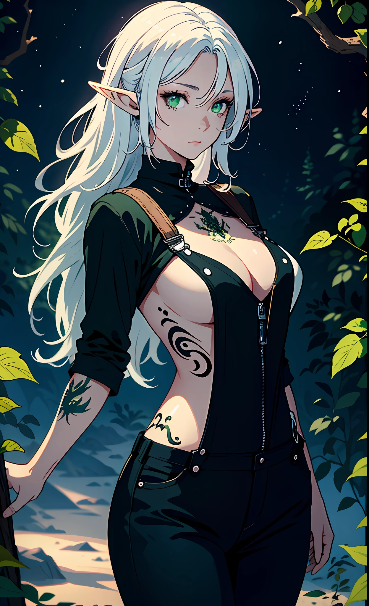 masterpiece, high resolution, high quality, intrinsic details, a female elf, magical particles, night landscape, wearing bright black clothing, white hair, green eyes, milky skin, innocent expression, soft vine, stars, fantasy,big chest,wearing white overalls,with tattoos around the body