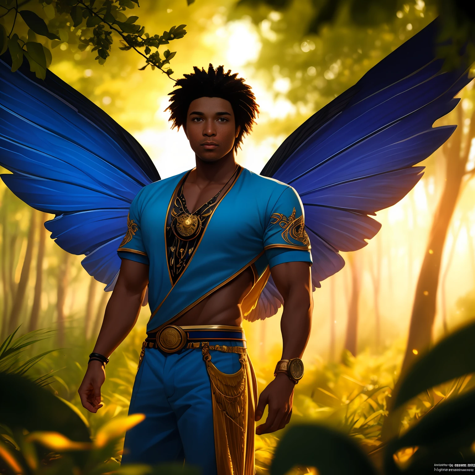 Cute male black man fairy with blue and orange details, large wings, forest in background, vibrant colors, full body, detailed face, detailed hands, detailed legs, detailed fingers, detailed hair, detailed eyes, detailed skin, lush vegetation blurred background, vibrant colors, lush light, soft light, sunset light, smooth light, symmetrical, full body, reflections, dynamic HDR lighting, 8k resolution,  cinematic film, smooth, sharp focus, realistic, strobe light beams, ((blurred background)):1.7, (((depth of field)) ):1.8, cinestill 800t 35mm, high quality, heavy grain, high detail, cinematic composition, dramatic light, anamorphic, ultra wide lens, hyperrealistic --auto