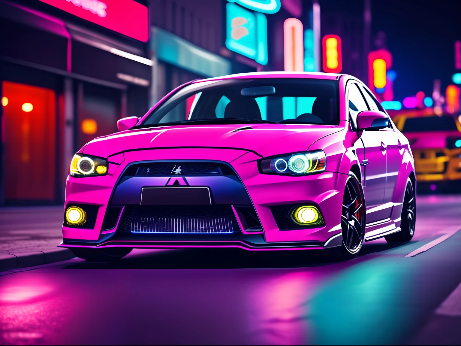Purple and blue Mitsubishi Lancer Evolution car on the street with neon lights in the background, photographed with a Phase One with a 35mm lens, cyberpunk, hyper detailed, blurred light bloom, cinematic light, cyberpunk