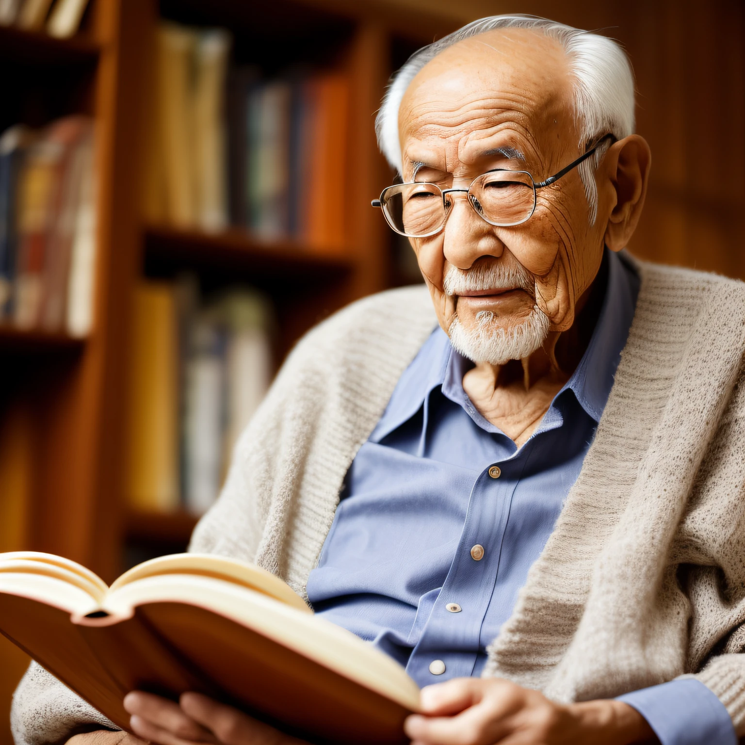 Old oriental, vicissitudes, tanned skin, wise, wise old man, real, dressed, holding a book, looking forward --auto