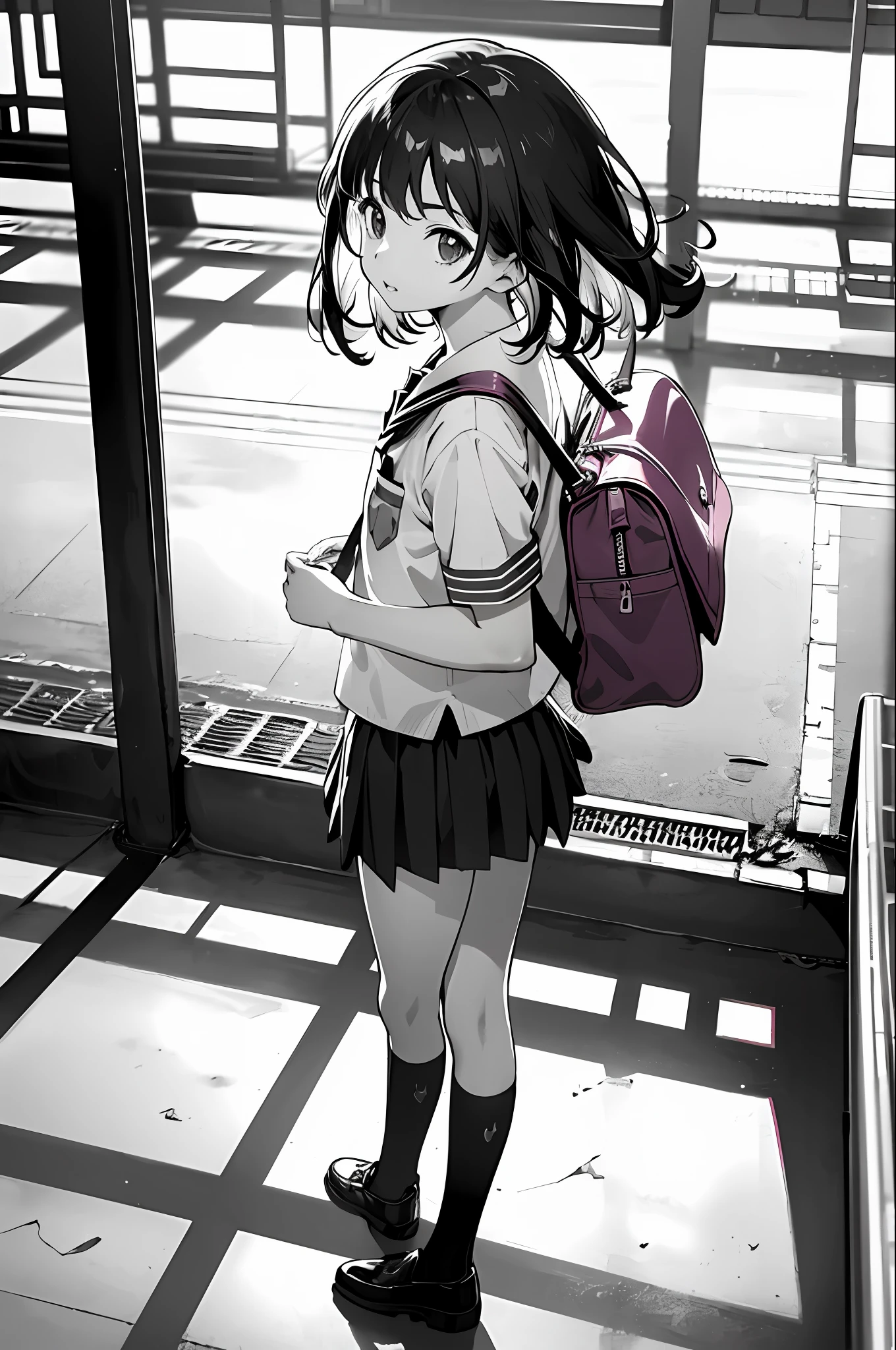 Top Quality, Masterpiece, Ultra Realistic, High Definition, Very Detailed, 8K, One Girl, Cute, Anime, Crystal Clear White Skin, Asian Girl, Full Body, , 14 Years Old, Color Is Pinkding to School with Student Bag in Summer Uniform, Horizontal Angle, Mini Skirt, Low Angle, Panty Shot, High Contrast