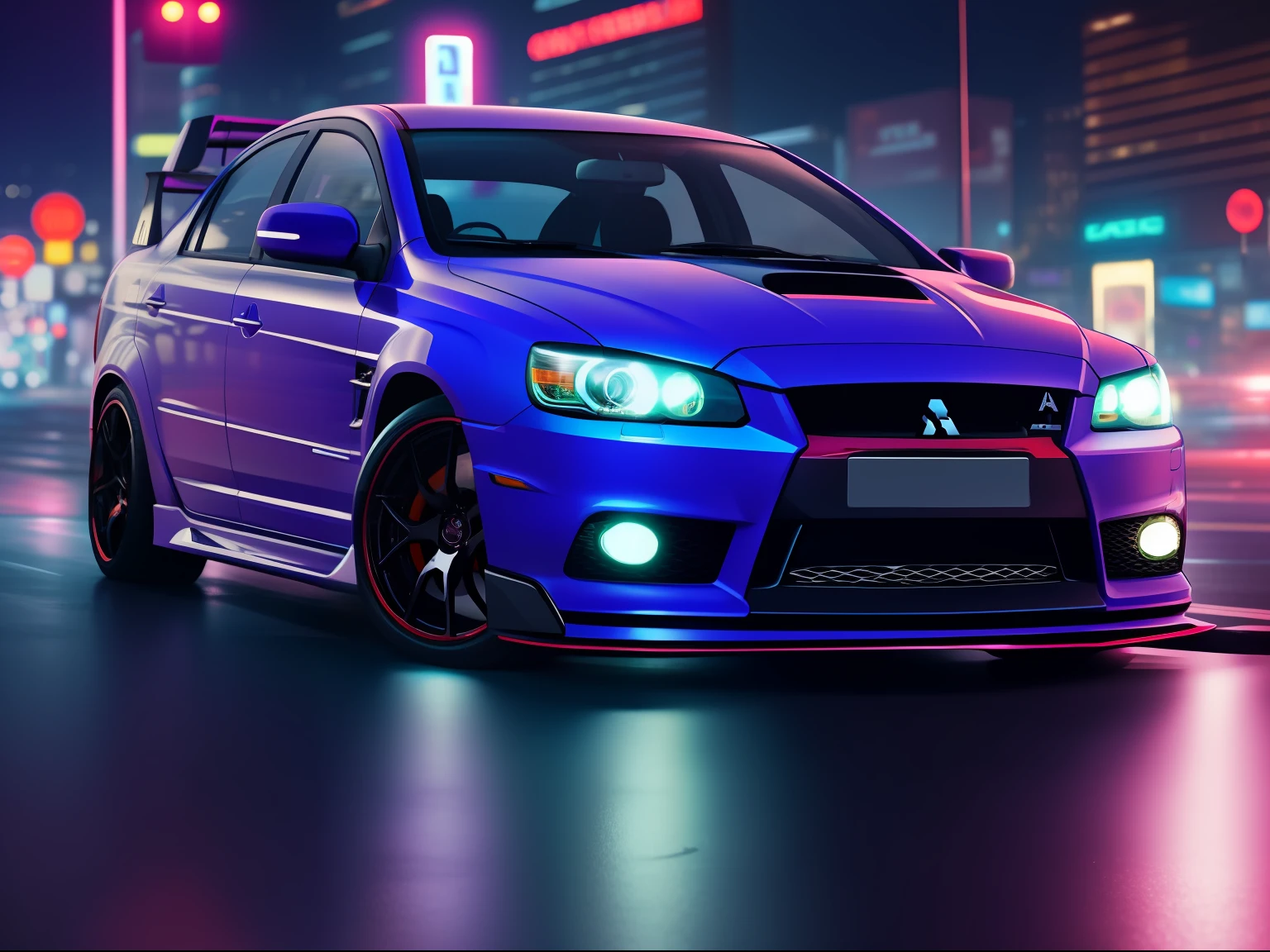 Purple and blue car Mitsubishi Lancer Evolution on the street with neon lights in the backgroundflares, photographed with a Phase One with a 35mm lens, cyberpunk, hyper detailed, blurred light bloom, cinematic light, cyberpunk colors
