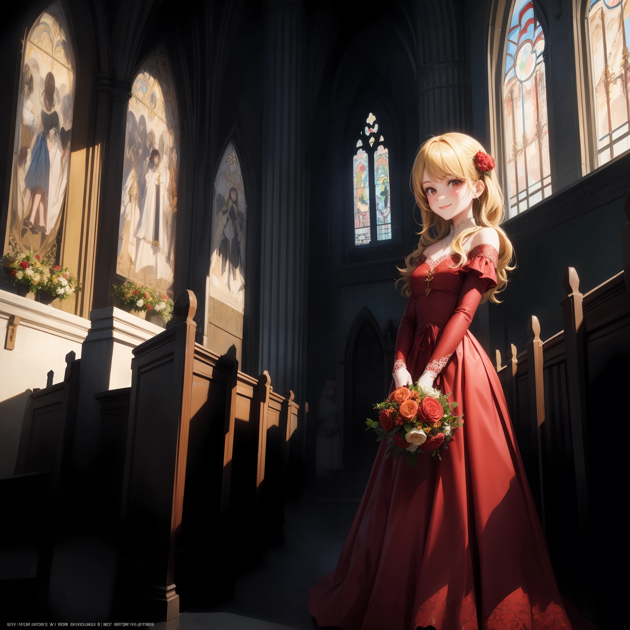 blonde, red eyes, girl, alone, solo, 1girl, red dress, outside chapel, bouquet, smile, sun, sunlight