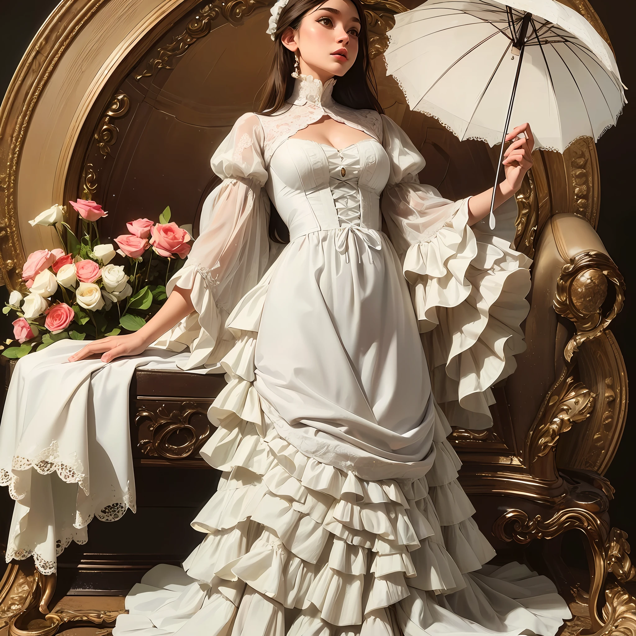 best quality, masterpiece, artwork, ultra definition, ultra quality, best definition, surreal, unparalleled beauty, full body, long dress, period dress, victorian dress, full dress of ruffles, white dress with baby blue details, white woman, 19 years old, brown hair, umbrella with lace and ruffles, --auto --s2