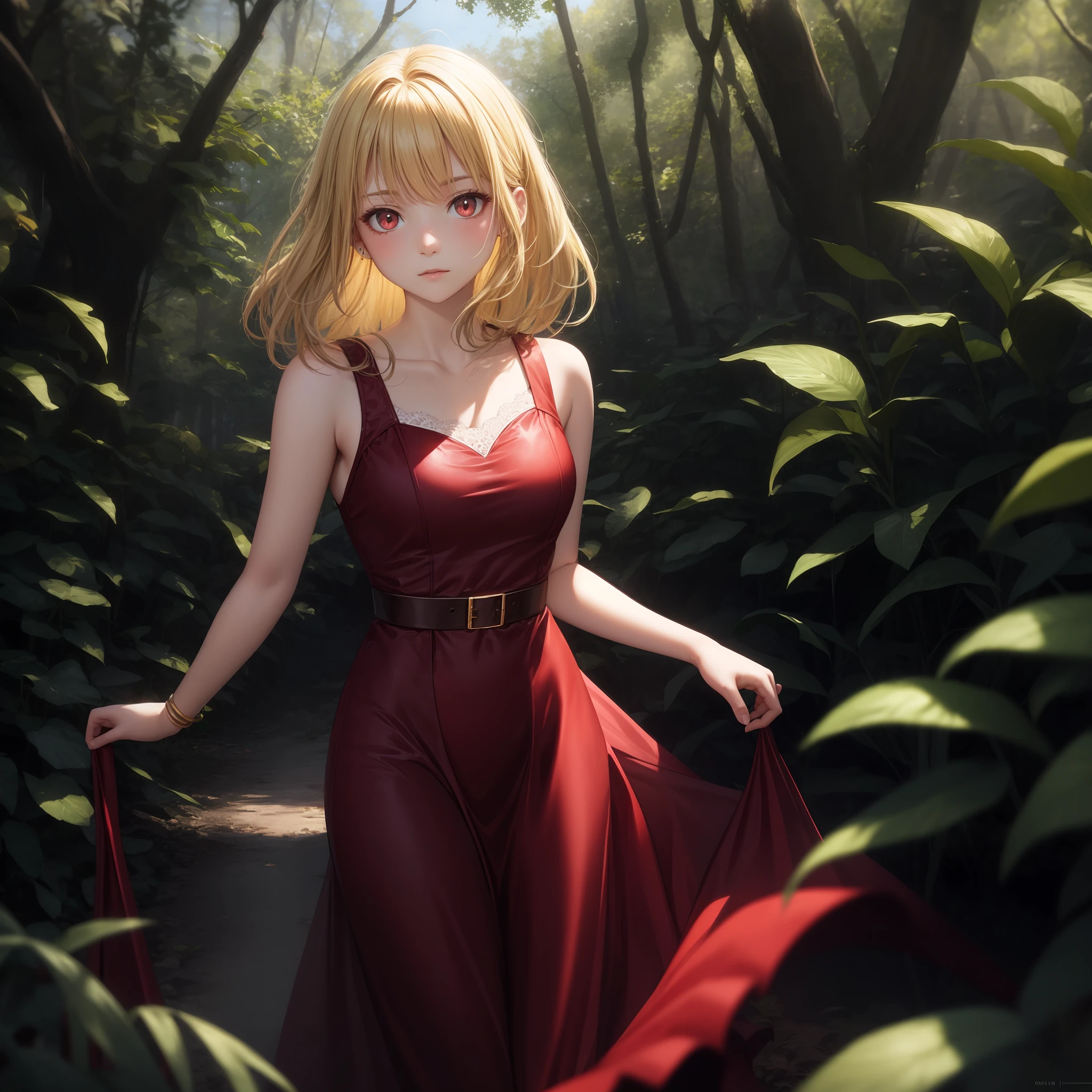 blonde, red eyes, girl, alone, solo, 1girl, red dress, sun, sunlight, in the forest