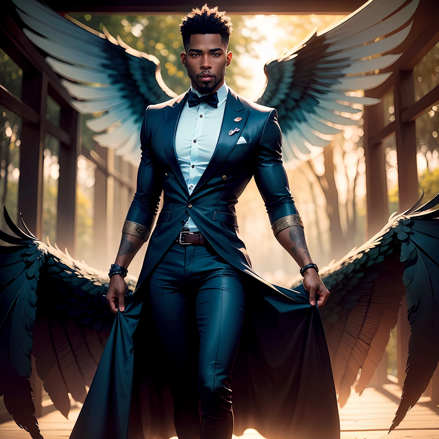 Black Fairy Beautiful Male Black Man with Blue and Orange Details, Large Wings, Forest in the Background, Vibrant Colors, Full Body, Detailed Face, Detailed Hands, Detailed Legs, Detailed Fingers, Detailed Hair, Detailed Eyes, Detailed Skin, Lush Vegetation Blurred Background, Vibrant Colors, Lush Light, Soft Light, Sunset Light, Smooth Light, Symmetrical, Full Body, Reflections, HDR Dynamic Lighting, 8K Resolution,  cinematic film, smooth, sharp focus, realistic, strobe light beams, ((blurred background)):1.7, (((depth of field)) ):1.8, cinestill 800t 35mm, high quality, heavy grain, high detail, cinematic composition, dramatic light, anamorphic, ultra wide lens, hyperrealistic --auto