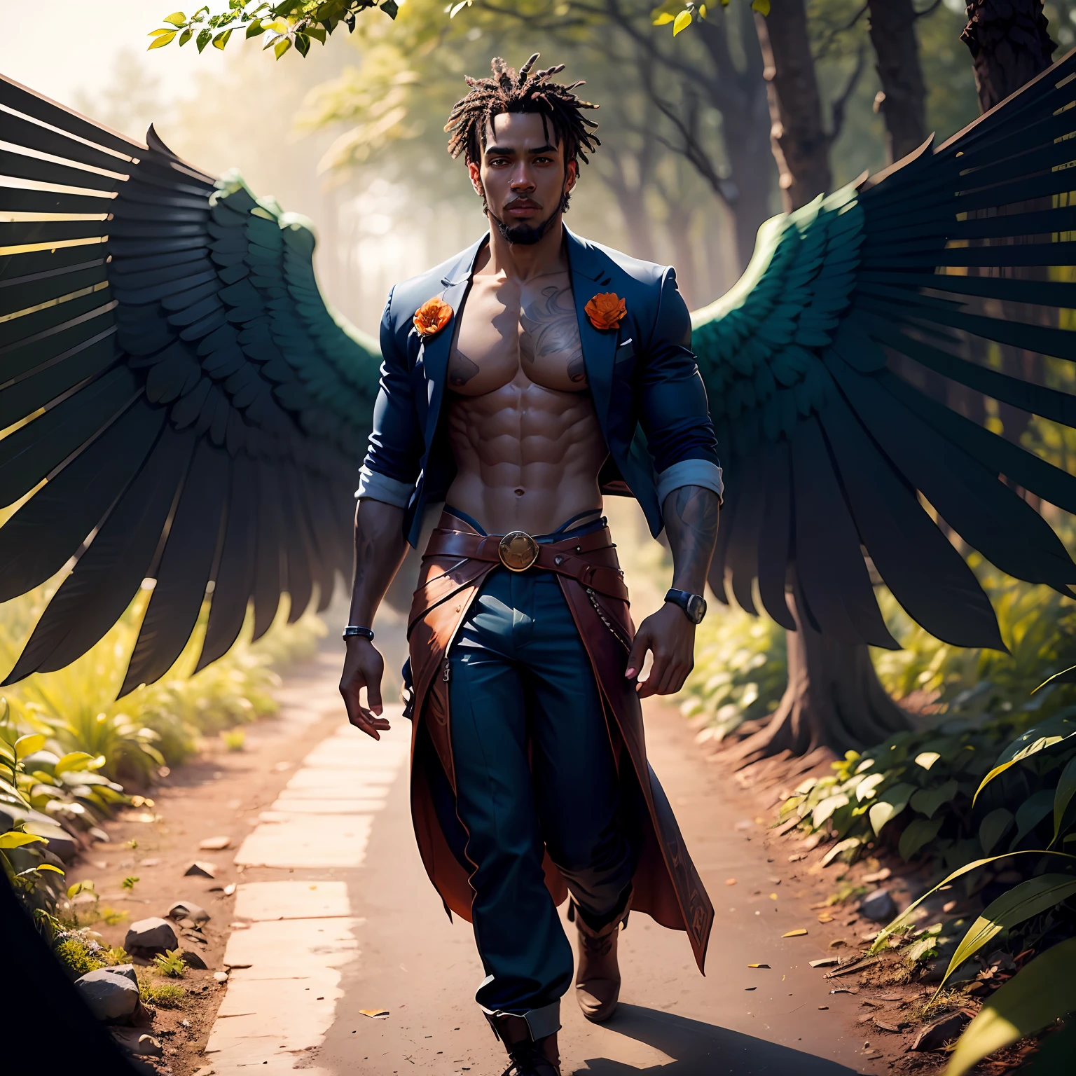 Black Fairy Beautiful Male Black Man with Blue and Orange Details, Large Wings, Forest in the Background, Vibrant Colors, Full Body, Detailed Face, Detailed Hands, Detailed Legs, Detailed Fingers, Detailed Hair, Detailed Eyes, Detailed Skin, Lush Vegetation Blurred Background, Vibrant Colors, Lush Light, Soft Light, Sunset Light, Smooth Light, Symmetrical, Full Body, Reflections, HDR Dynamic Lighting, 8K Resolution, cinematic film, smooth, sharp focus, realistic, strobe light beams, ((blurred background)):1.7, (((depth of field)) ):1.8, cinestill 800t 35mm, high quality, heavy grain, high detail, cinematic composition, dramatic light, anamorphic, ultra wide lens, hyperrealistic --auto