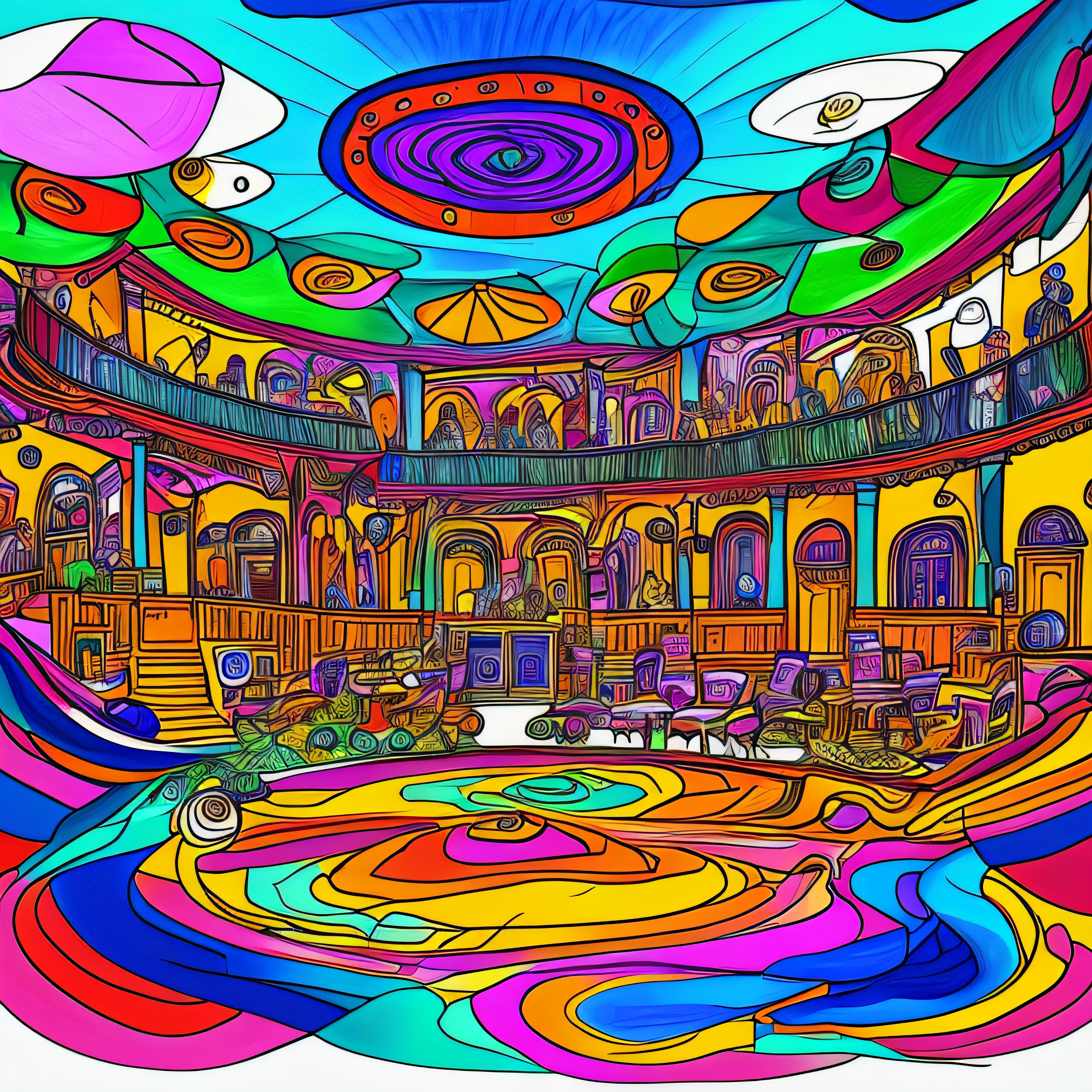 abstract psychedelic drawing of a party lobby --auto