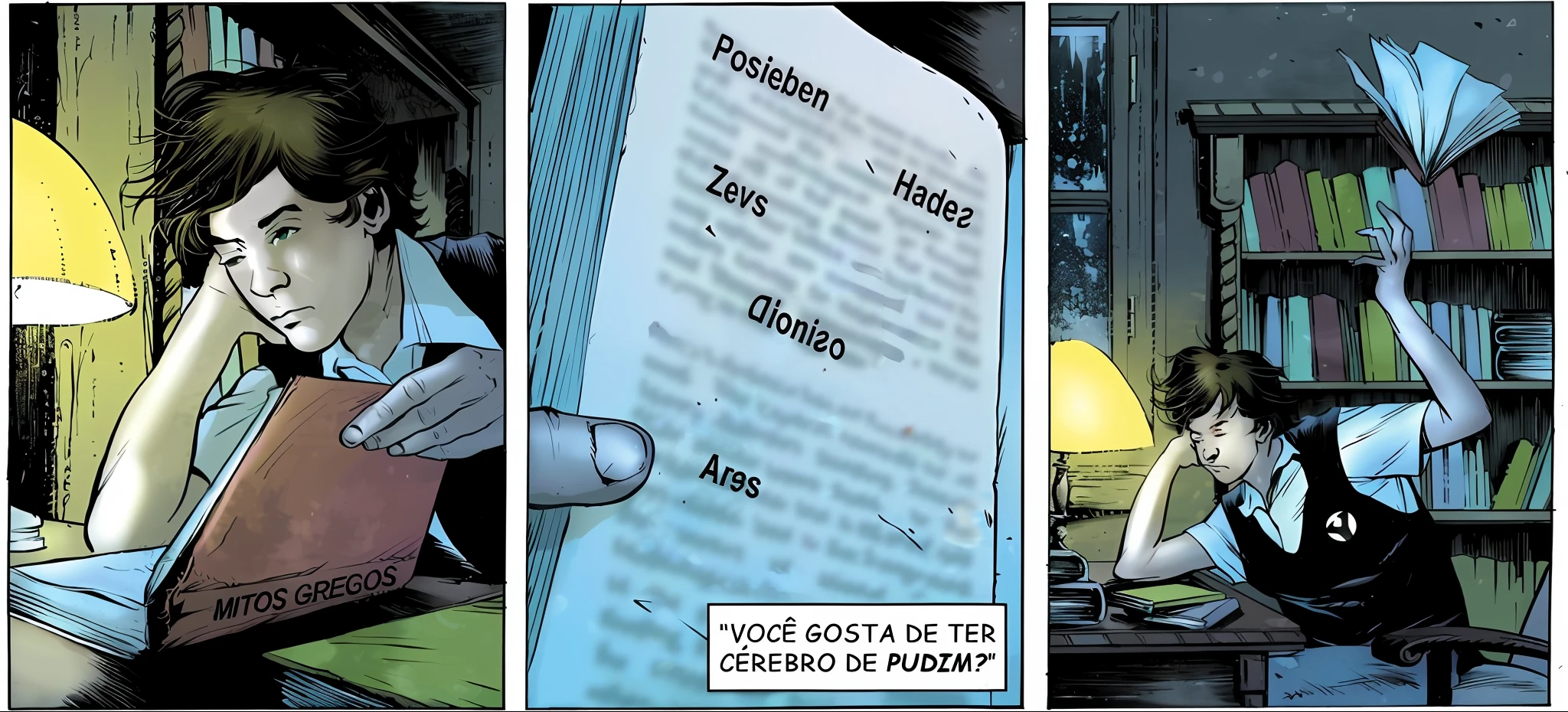 a close up of a comic book page with a person reading, metabaron, comics sandman, by Roberto Parada, blacksad, by Zoltan Boros, by Rodolfo Amoedo, comics, in batman comics, by Robert Combas, transmetropolitan, ozymandias, dotado, saga comic, by Felipe Seade