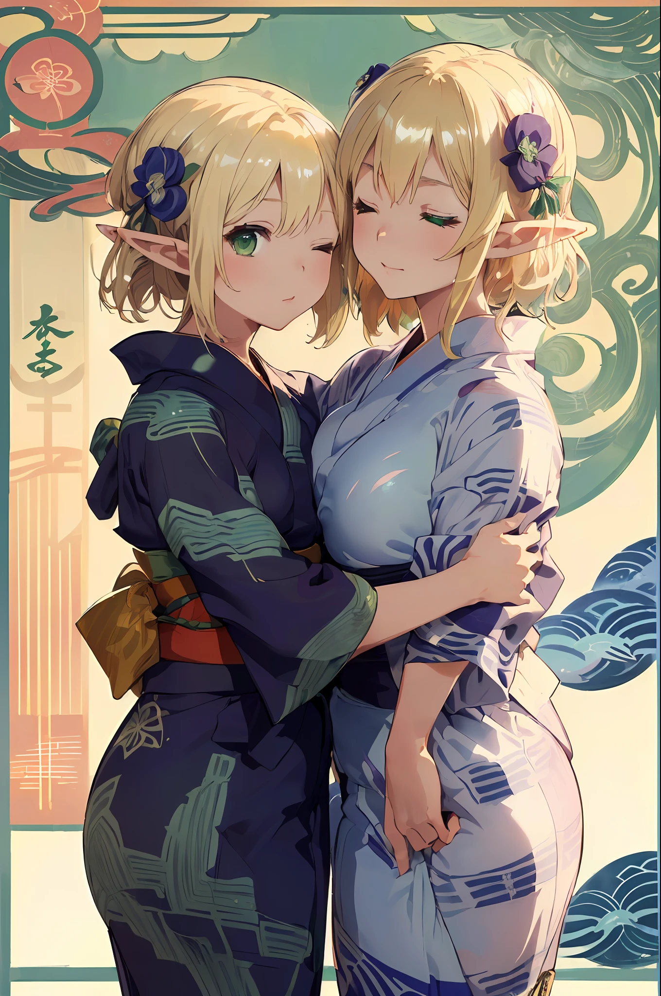 2girl, ((((elf woman))), ((((shiny blonde long straight)), ((middle breasts)), (((yukata)), green eyes, eyes closed, hugging, Art Nouveau background