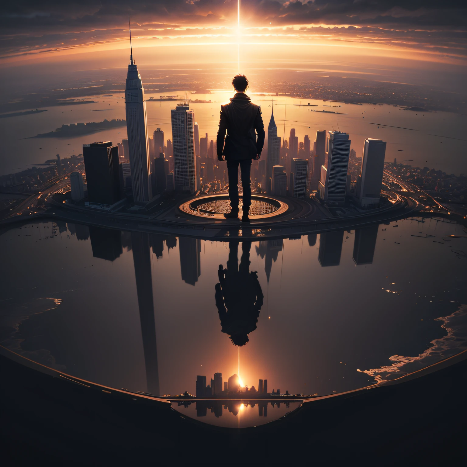 A 16:9 wallpaper with steampunk theme, showing a skyline and a city in the background, in the center of the image, the silhouette of a boy on his back, totally black, with reflection of the light against. At the top of the image, written the title: "Echoes of Destiny" --auto