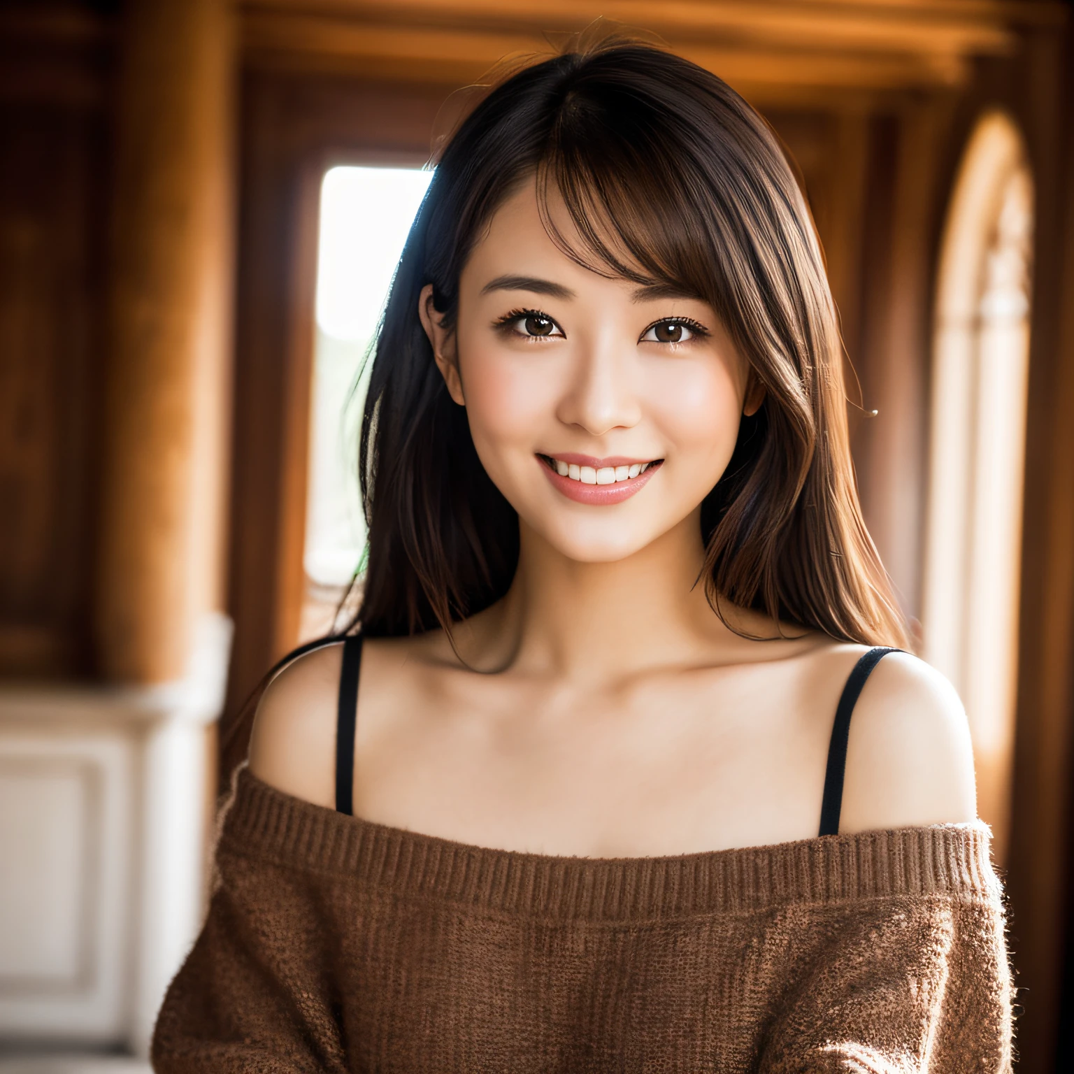best quality, face focus, soft light, (depth of field) ,ultra high res, (photorealistic:1.4), RAW photo, (portrait:1.4) ,(from front)
1japanese girl, solo, cute, (shy, smile:1.1), (brown eyes), detailed beautiful face, (midi_hair),
The Great Hall of a European Castle, walking,
(off shoulder shirt) --auto