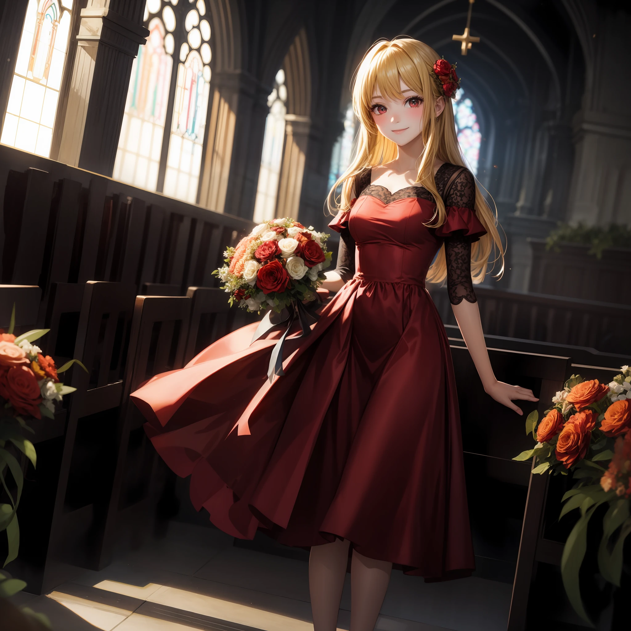 blonde, red eyes, girl, alone, solo, 1girl, red dress, bouquet, chapel, little smile, sun, sunlight
