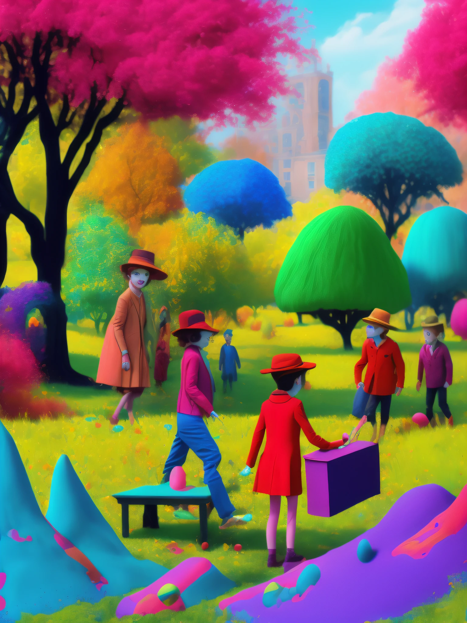 Once upon a time there was a curious gang that lived in a small town. One day, they find a mysterious box in the park. When they opened it, they discovered bright colored paints and a note that said, "These are the magic colors, each color has a special power. Have fun discovering!", Surrealism, Abstract expressionism, 4K