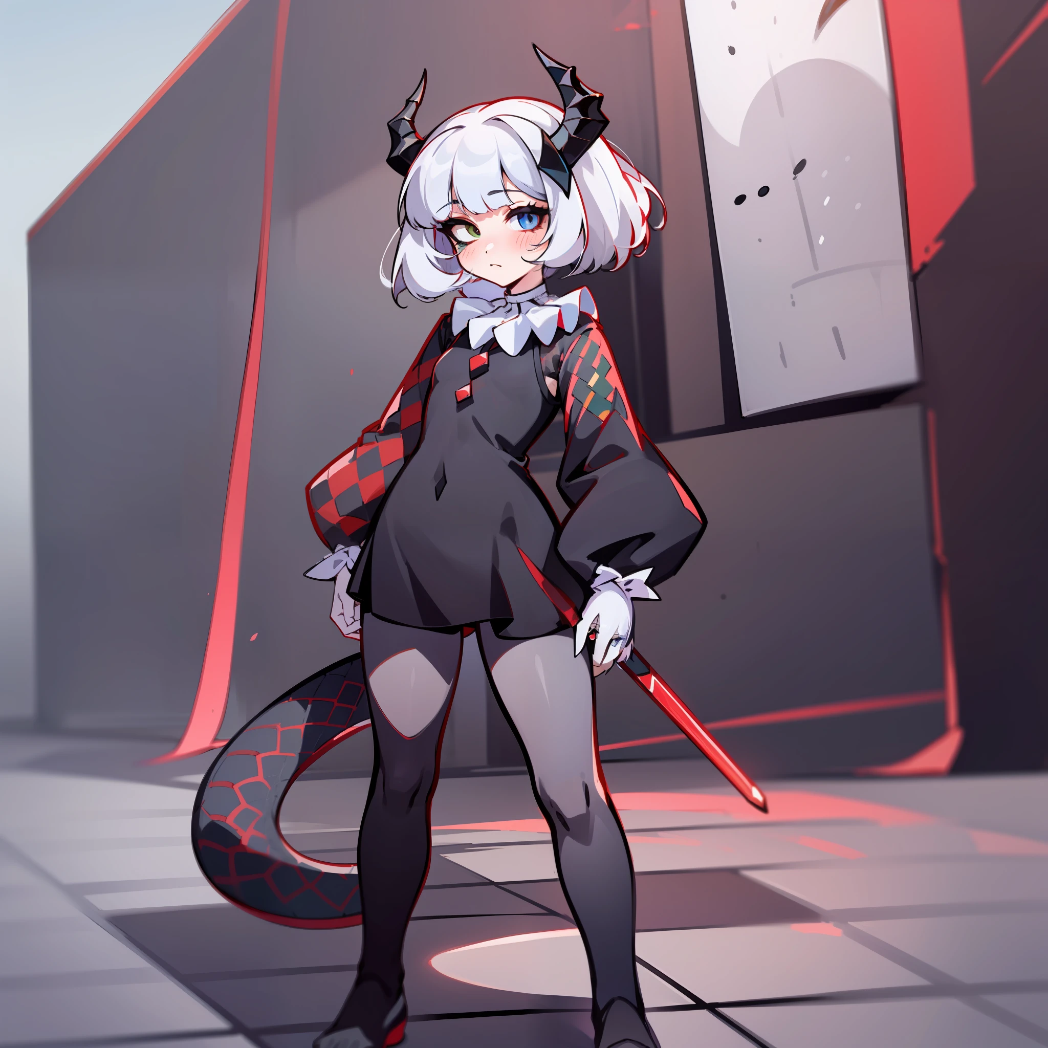 (Best quality: 1.0), (super high res: 1.0), extremely detailed character, detailed Hands, half-dragon girl, horns, scales on the neck, scales on the shoulders, scales on the forearm, scales on the cheek, girl with dragon tail, dragon tail, extremely detailed hair, short hair, ((white hair)), ((black locks)), extremely detailed eyes, eye with different colors, heterochromia, white right eye and black left eye, dragon eyes, 2d, anime art, ((child)), ((full body)), standing, medieval, rpg, small, cute, cute look, flushed