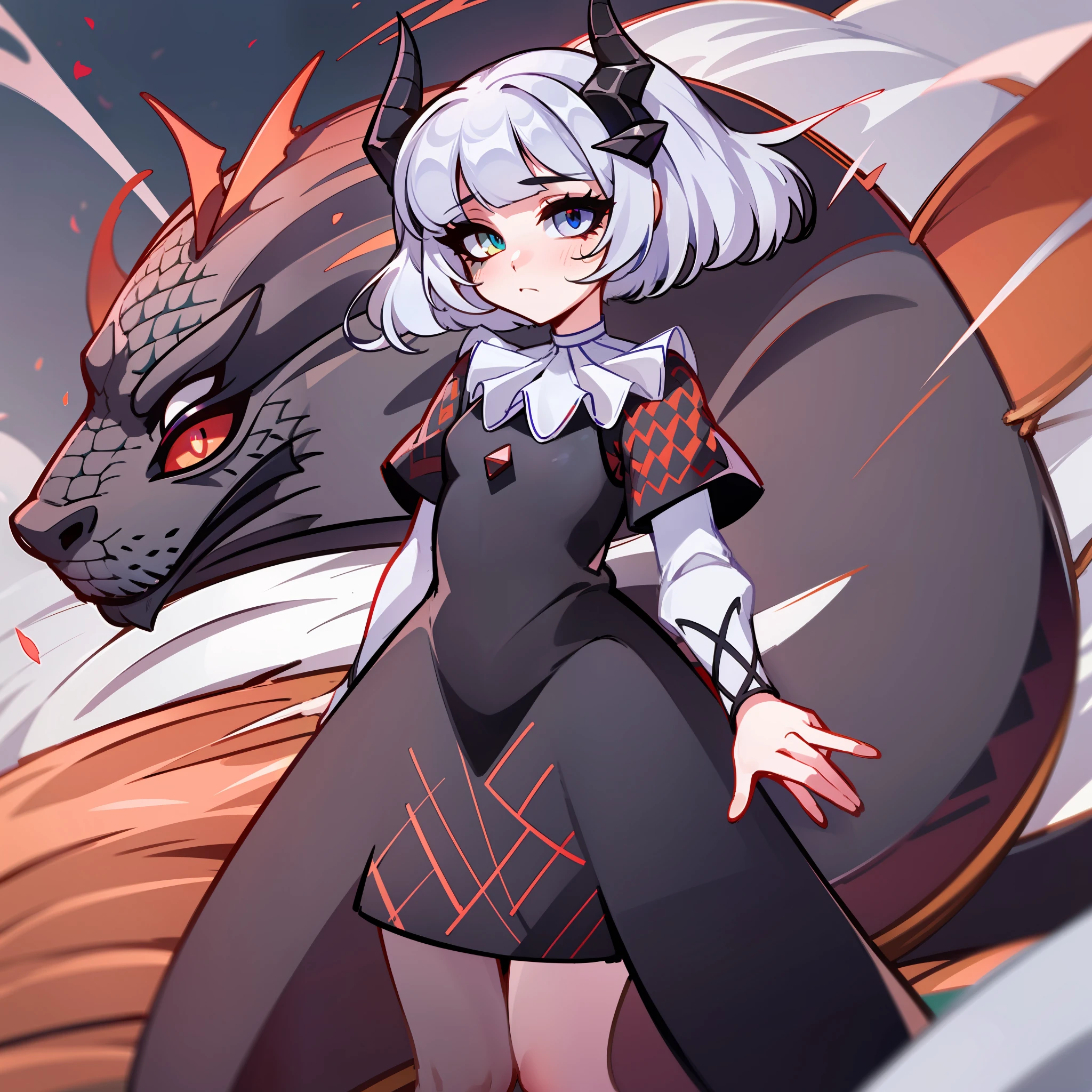 (Best quality: 1.0), (super high res: 1.0), extremely detailed character, detailed Hands, half-dragon girl, horns, scales on the neck, scales on the shoulders, scales on the forearm, scales on the cheek, girl with dragon tail, dragon tail, extremely detailed hair, short hair, ((white hair)), ((black locks)), extremely detailed eyes, eye with different colors, heterochromia, white right eye and black left eye,  dragon eyes, 2d, anime art, ((child)), ((full body)), standing, medieval, rpg, small, cute, cute look, flushed