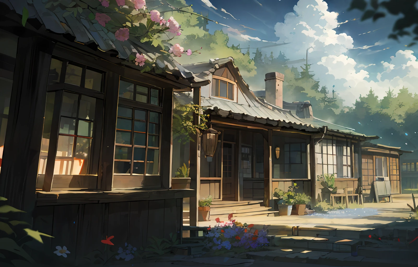 Outdoor , landscape , sky , day , clouds , trees , house , stairs , building , blue sky , flowers , chimney , plants , countryside , rural , yard , fence , Telephoto , depth of field , wide angle .( illustration :1.0), masterpiece , best quality