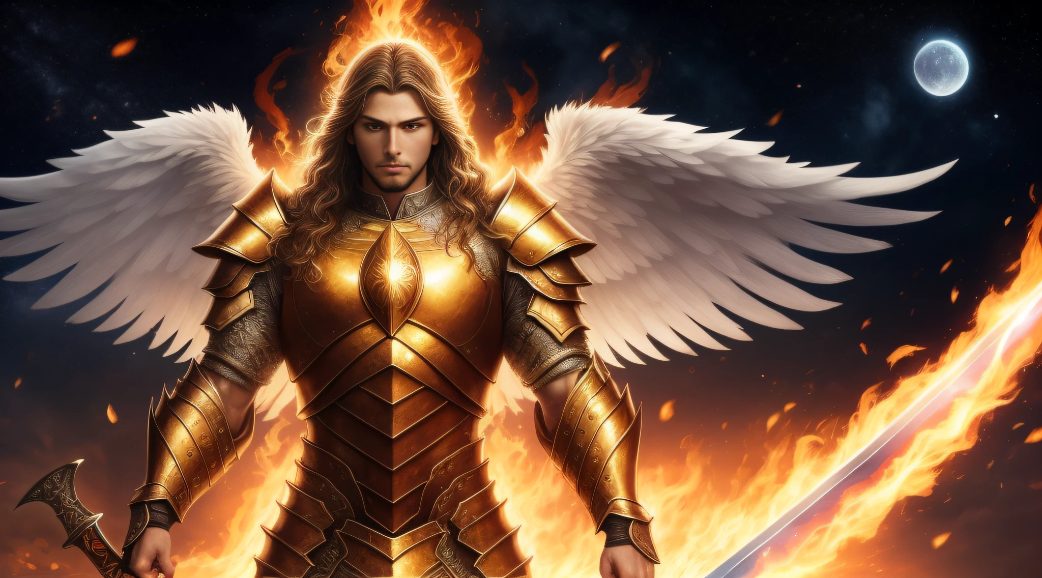 A mature man like Mighty Archangel Michael, with a muscular constitution and long hair, is in battle armor, flaming sword of golden pearls, a flaming sacred aura radiating from his body, white wings made of stellar fire, moon background, surreal, fantasy, magical, intricate details, dramatic angle, (dynamic upper body posture: 1.1),  dramatic lighting, depth of field. Best quality, masterpiece, ultra high resolution, (anime realism, photorealistic: 1.4), perfect composition, centered, symmetry --auto