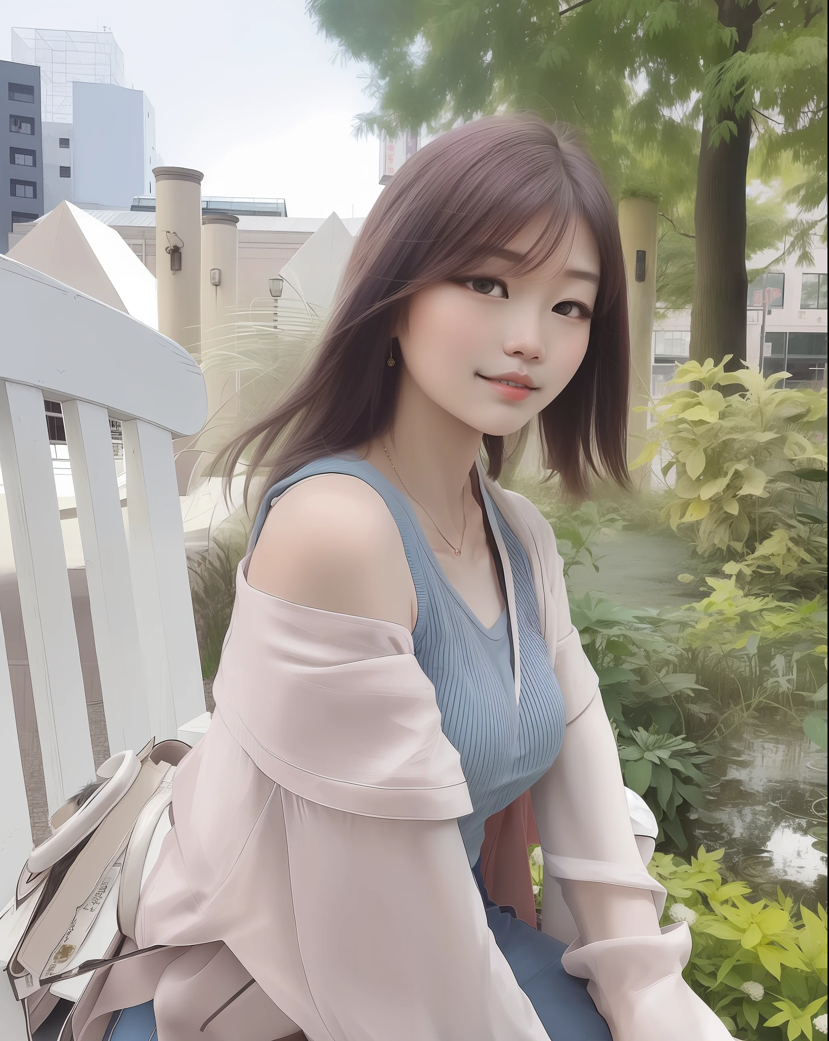 there is a woman sitting on a bench in a park, a picture inspired by Ma Yuanyu, instagram, shin hanga, sakimichan, sakimi chan, f / 1. 9 6. 8 1 mm iso 4 0, ulzzang, chiho, with short hair, 19-year-old girl, korean girl, 8k))