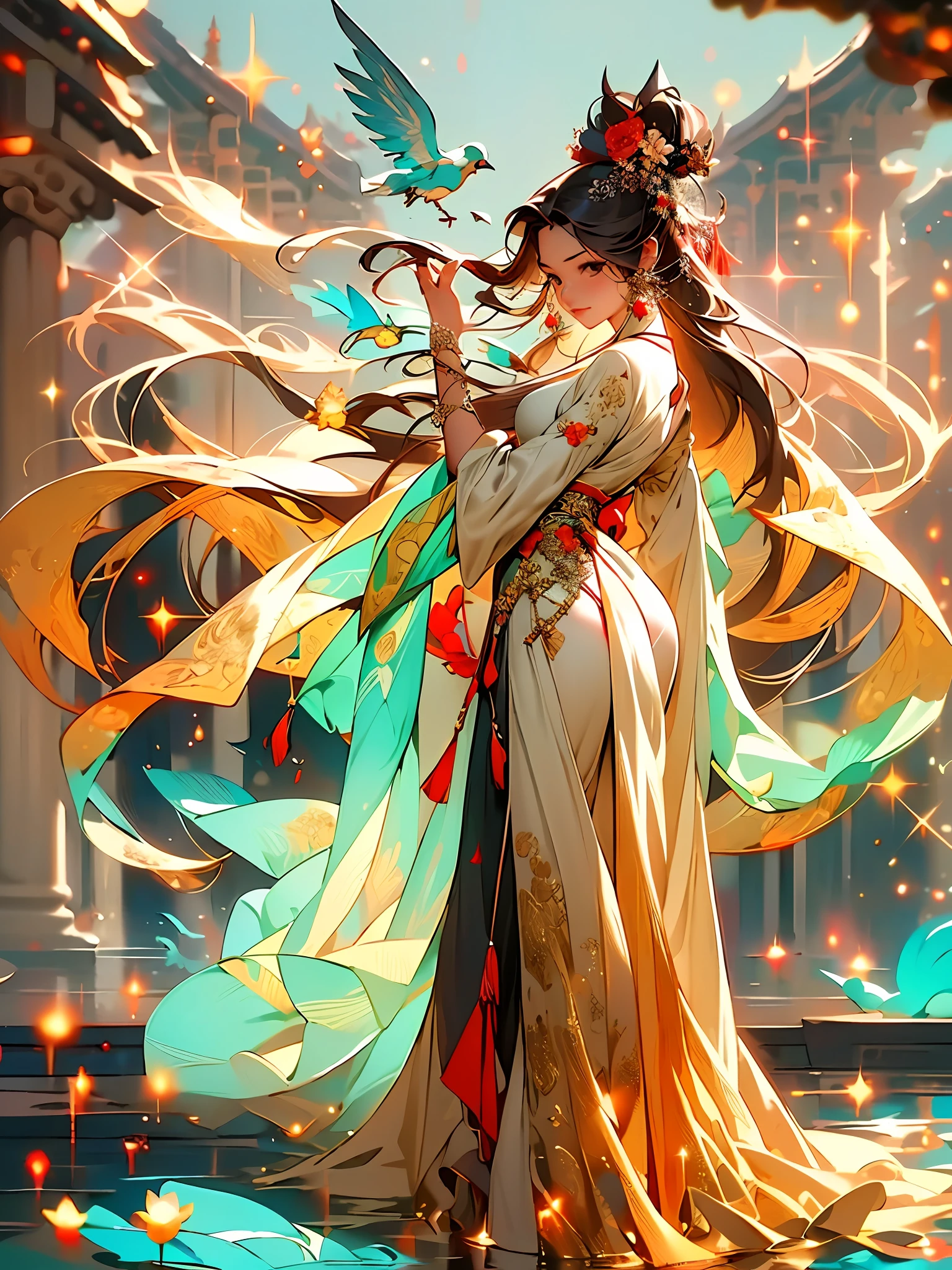 zanhua, Best quality, masterpiece, 1 girl, full body, holding flower, red flower on head, wearing hanfu, in red and white, looking at viewer, bird, flower, black hair, ((lotus)), solo, hair ornament, water, reflection, daylight, cinematic light,