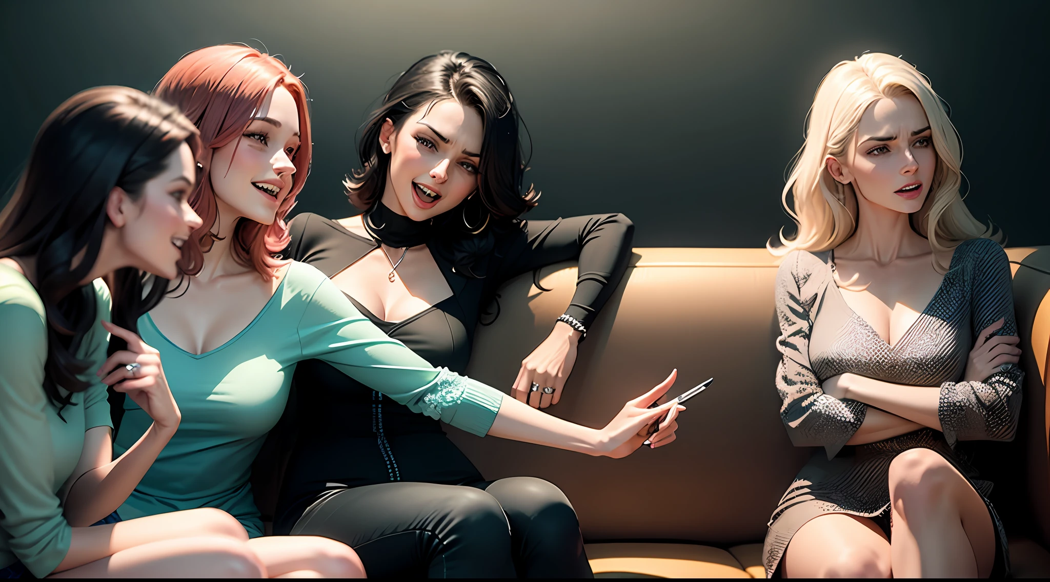 Three women sitting on a couch talking to each other, celebrating, beautiful women, having fun, expressing joy, young women, looking to the right, having fun, accurately portrayed, and another woman on another couch with angry expression