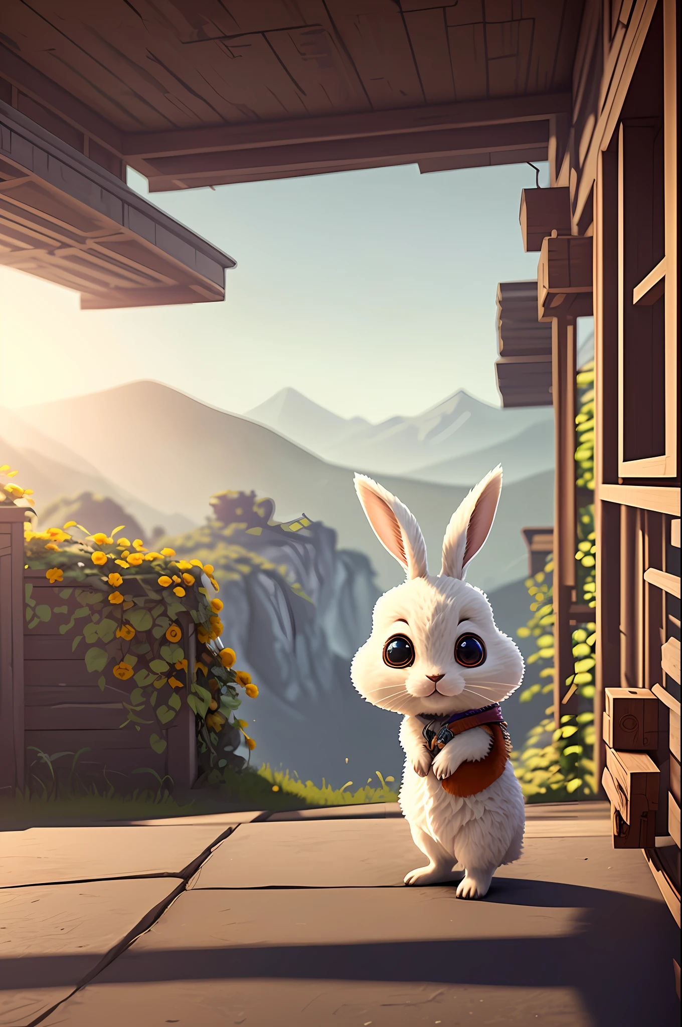 Flowers, Cute adorable little bunny waving and smiling greeting me, unreal engine, cozy interior lighting, art station, detailed digital painting, cinematic, character design by mark ryden and pixar and hayao miyazaki, unreal 5, daz, hyper realistic, octane render, 3DMDT1