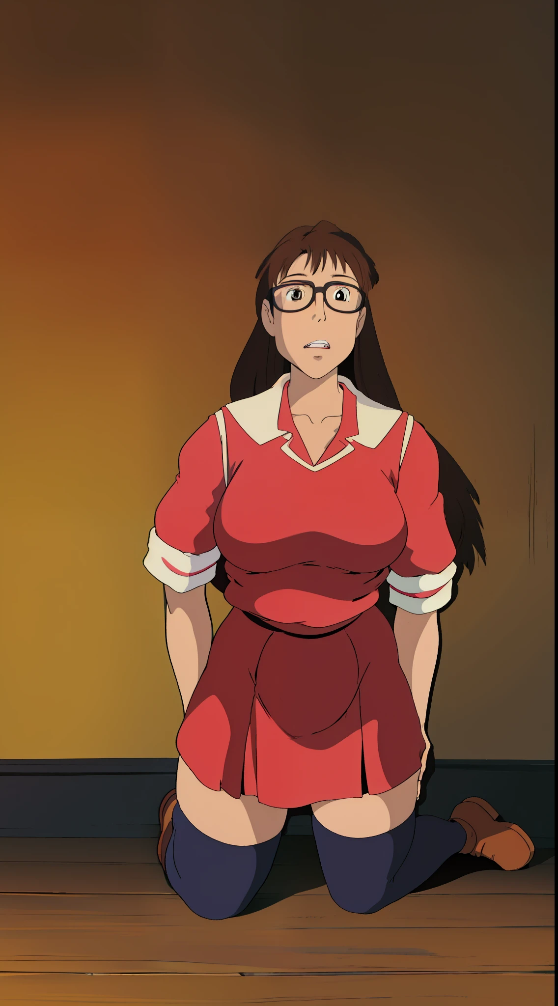 Koyomi Mizuhara, Brunette hair, brown hair color, long hair, bangs, glasses, teenager, Sailor school outfit, red top, brown skirt, black thigh socks, brown shoes, Highschool, tall girl, breasts, luscious lips, concept, kneeling, sucking off her boyfriend, NSFW, hoe, licking POV